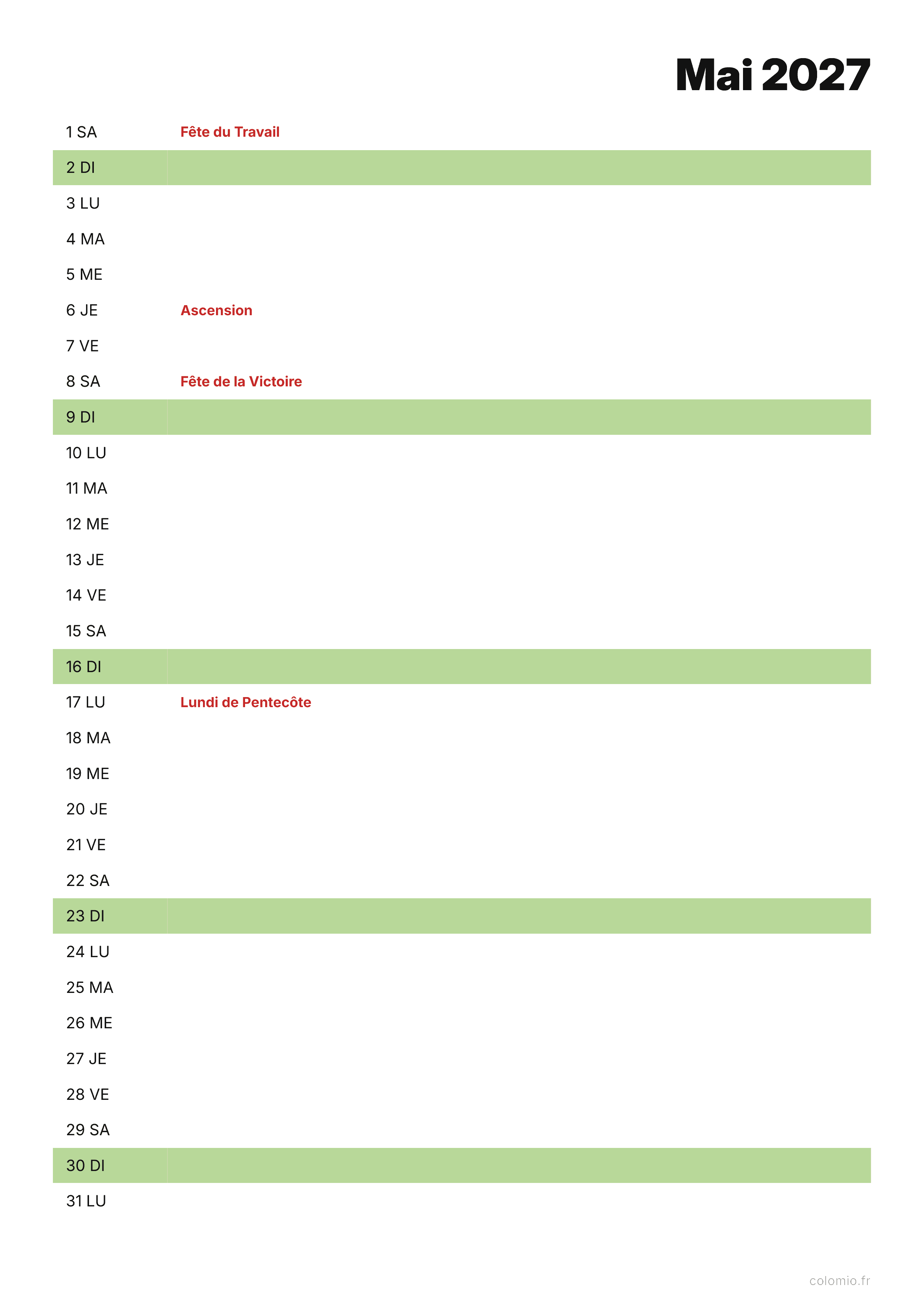 Calendrier Mai 2027 agenda · portrait, PDF à imprimer