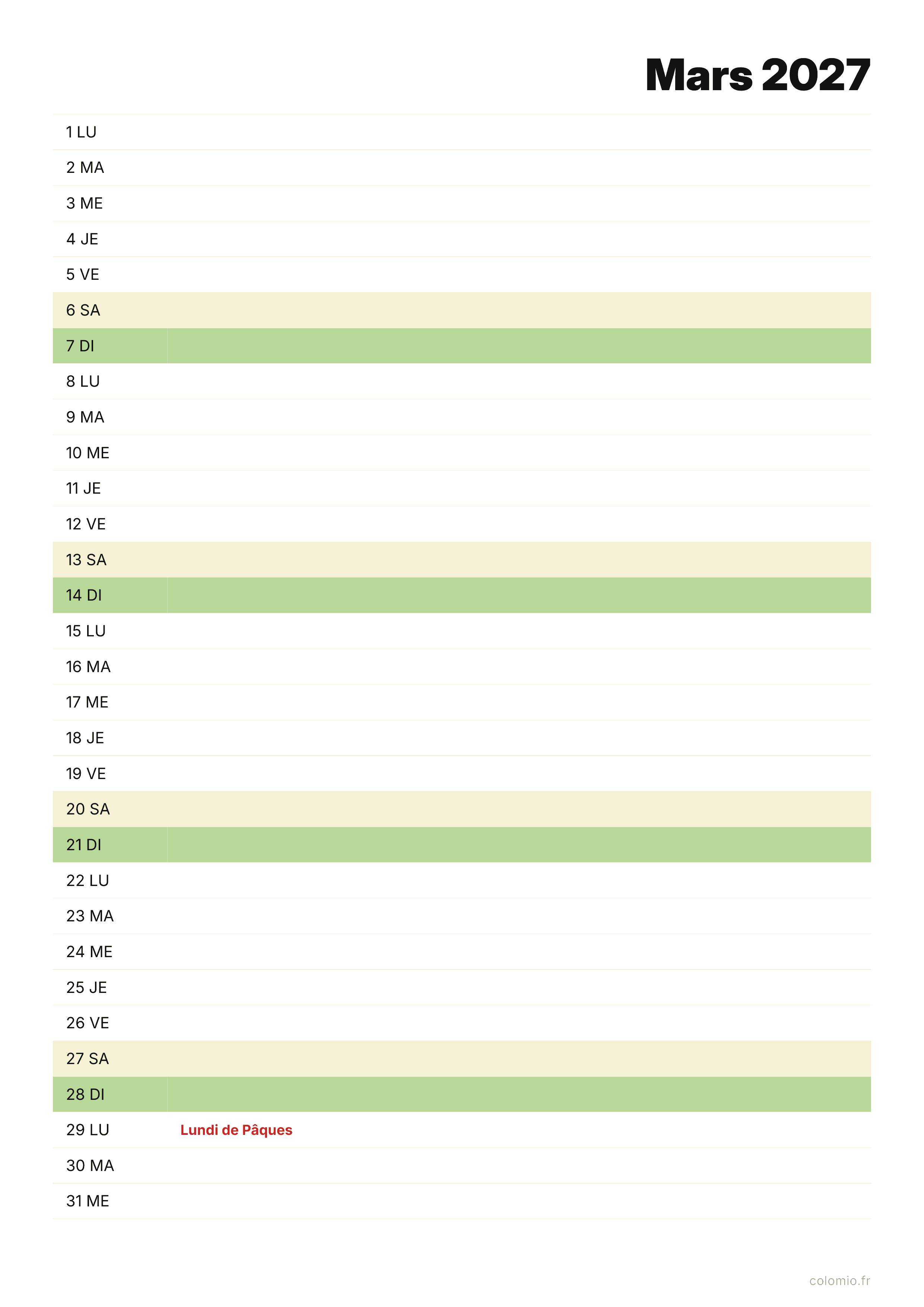 Calendrier Mars 2027 agenda · portrait, PDF à imprimer