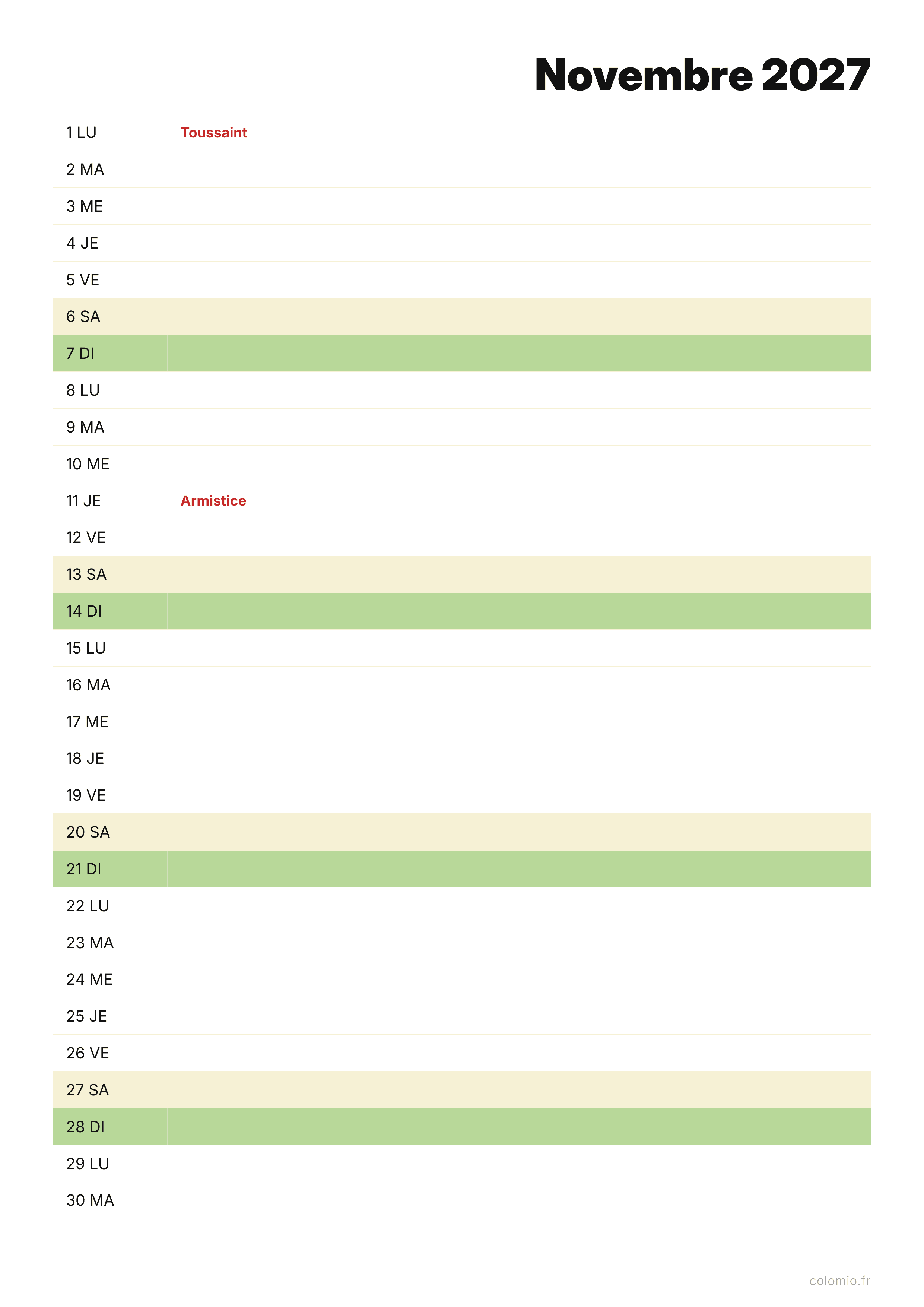 Calendrier Novembre 2027 agenda · portrait, PDF à imprimer
