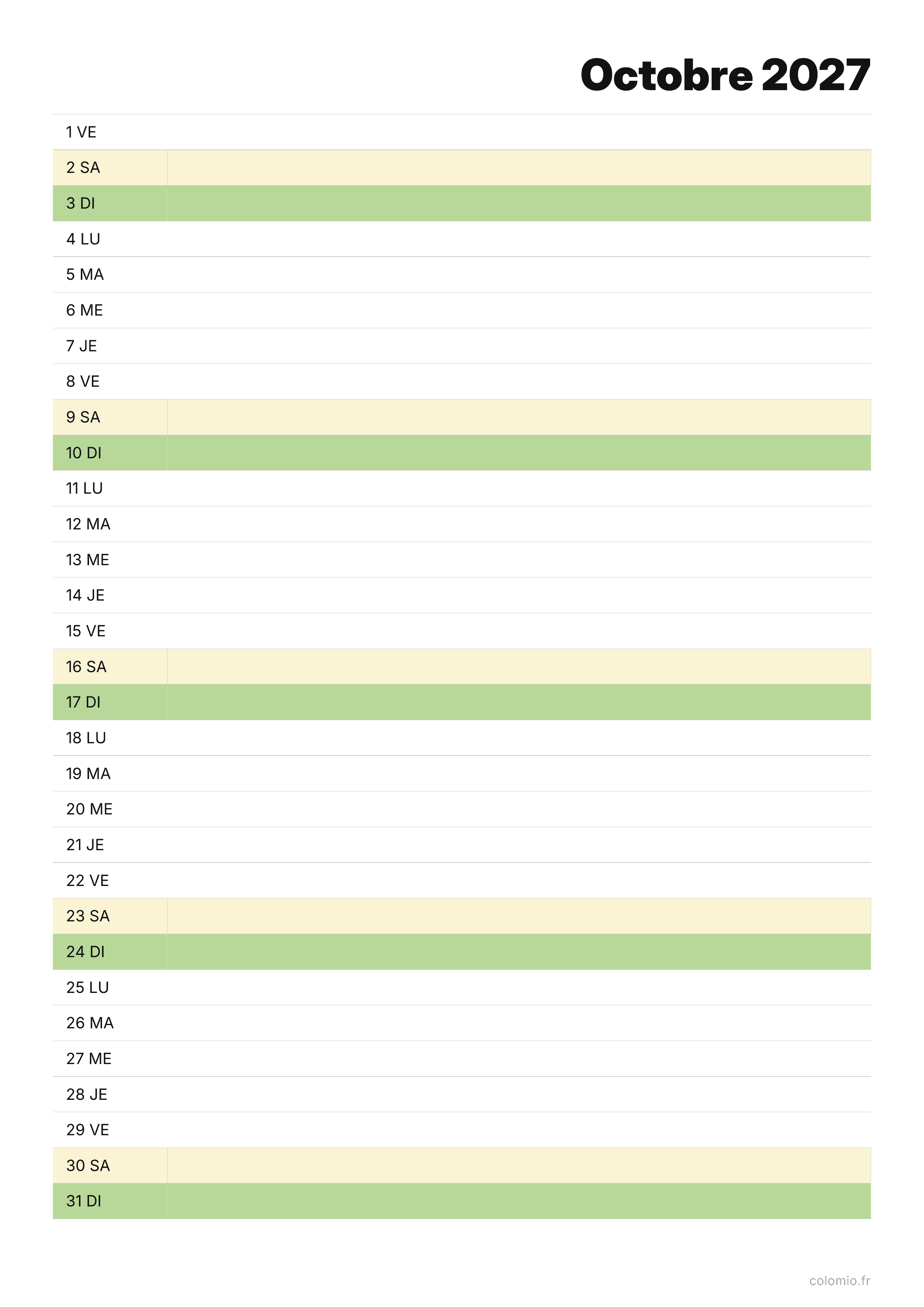 Calendrier Octobre 2027 agenda · portrait, PDF à imprimer