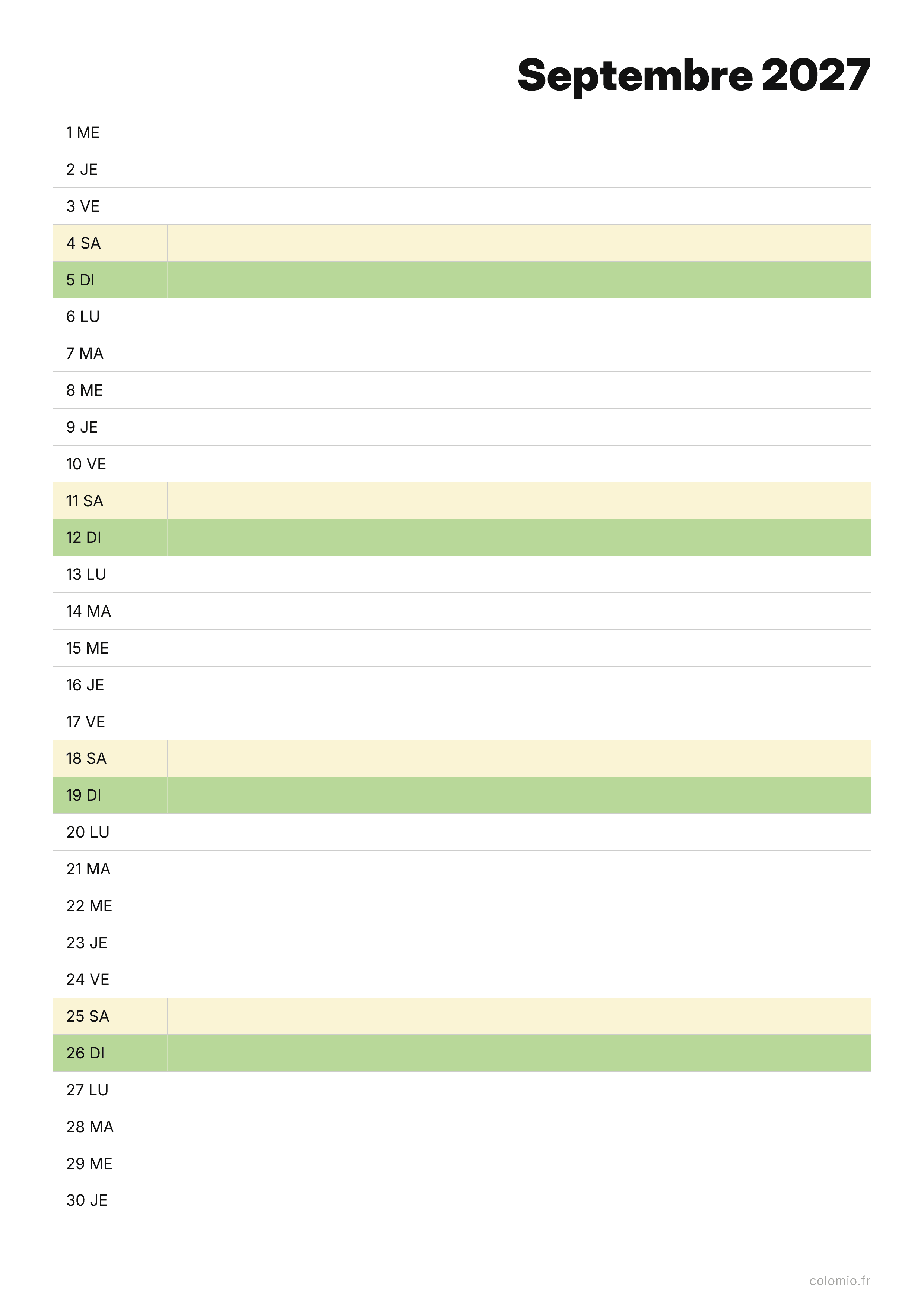 Calendrier Septembre 2027 agenda · portrait, PDF à imprimer