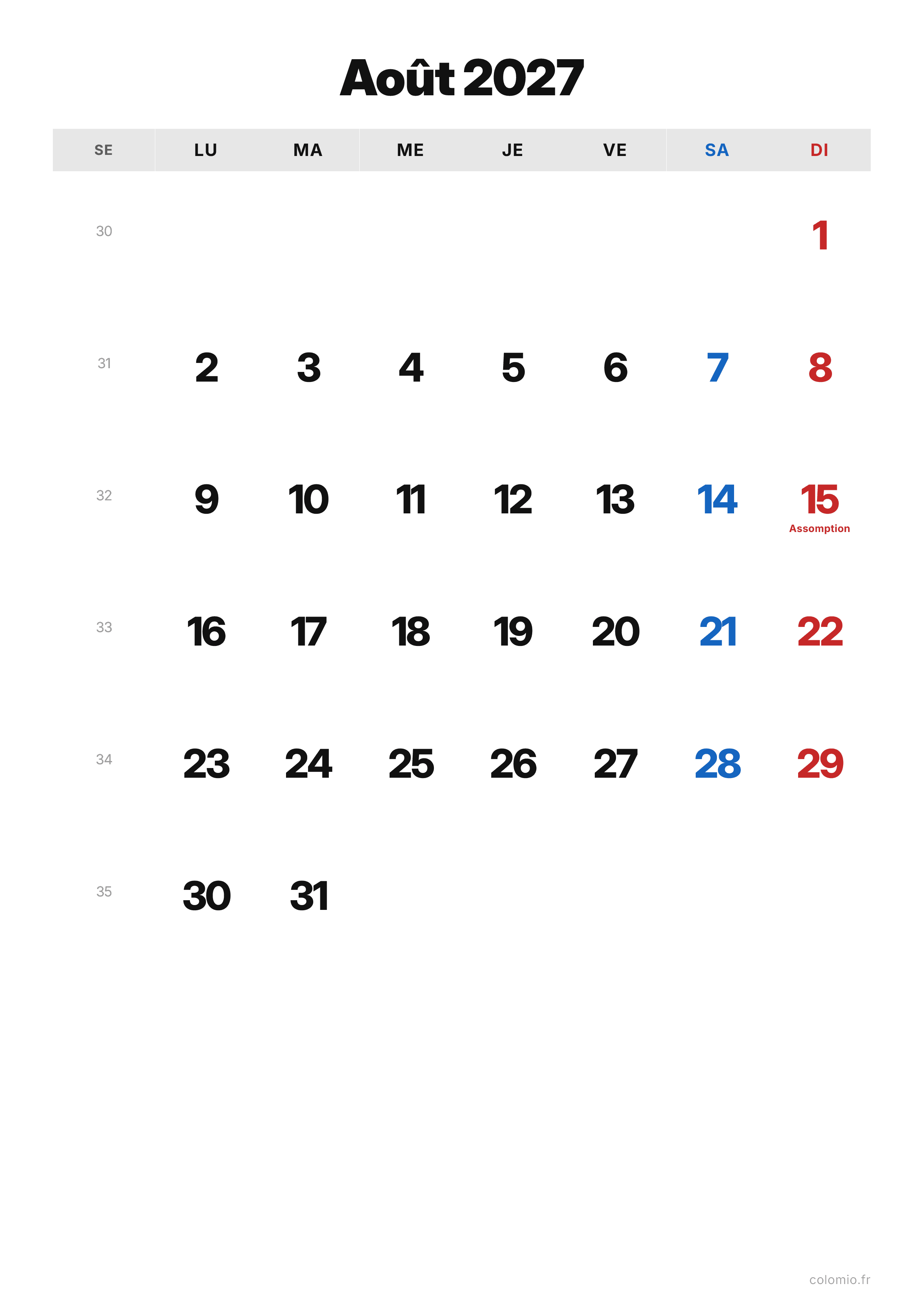 Calendrier Août 2027 classique · portrait, PDF à imprimer