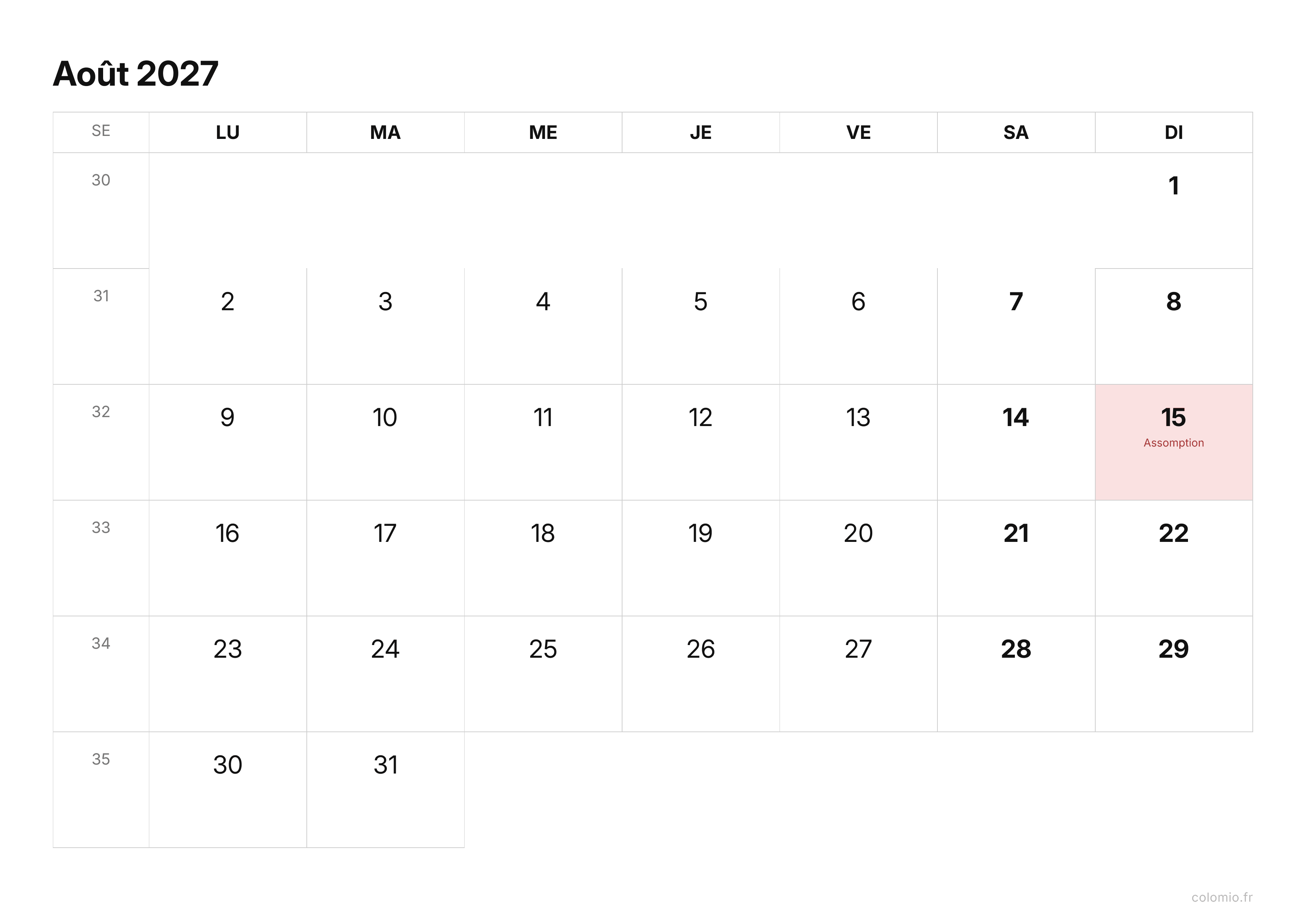 Calendrier Août 2027 épuré · paysage, PDF à imprimer