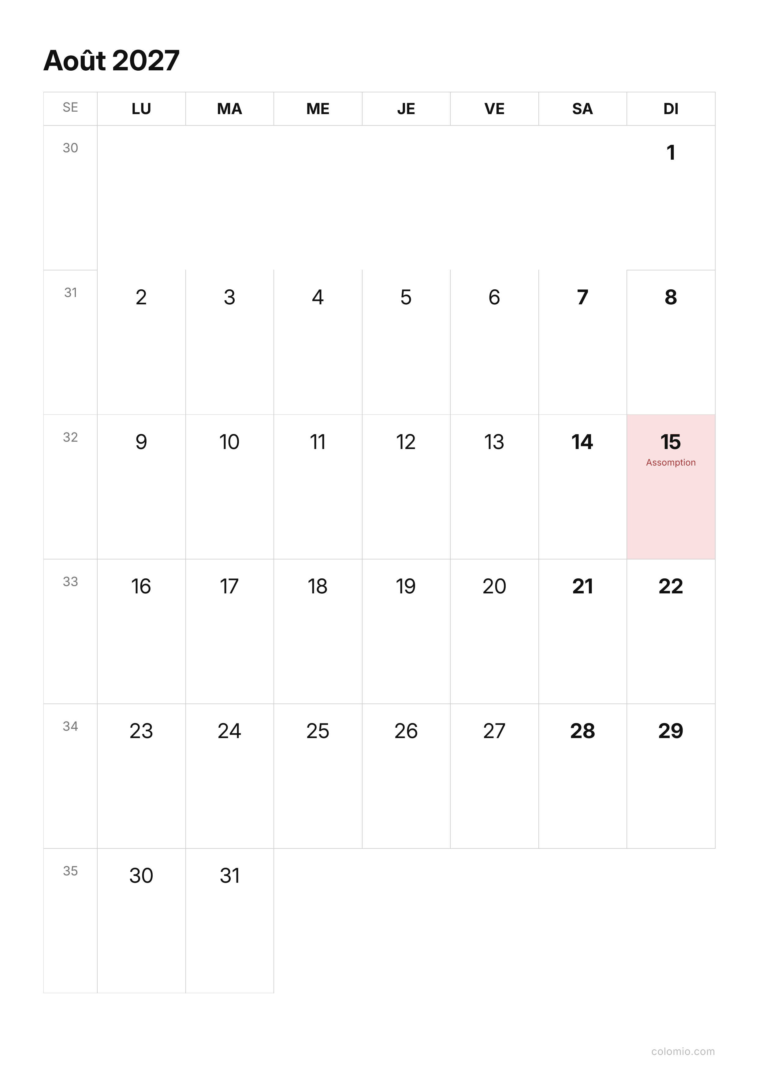 Calendrier Août 2027 épuré · portrait, PDF à imprimer