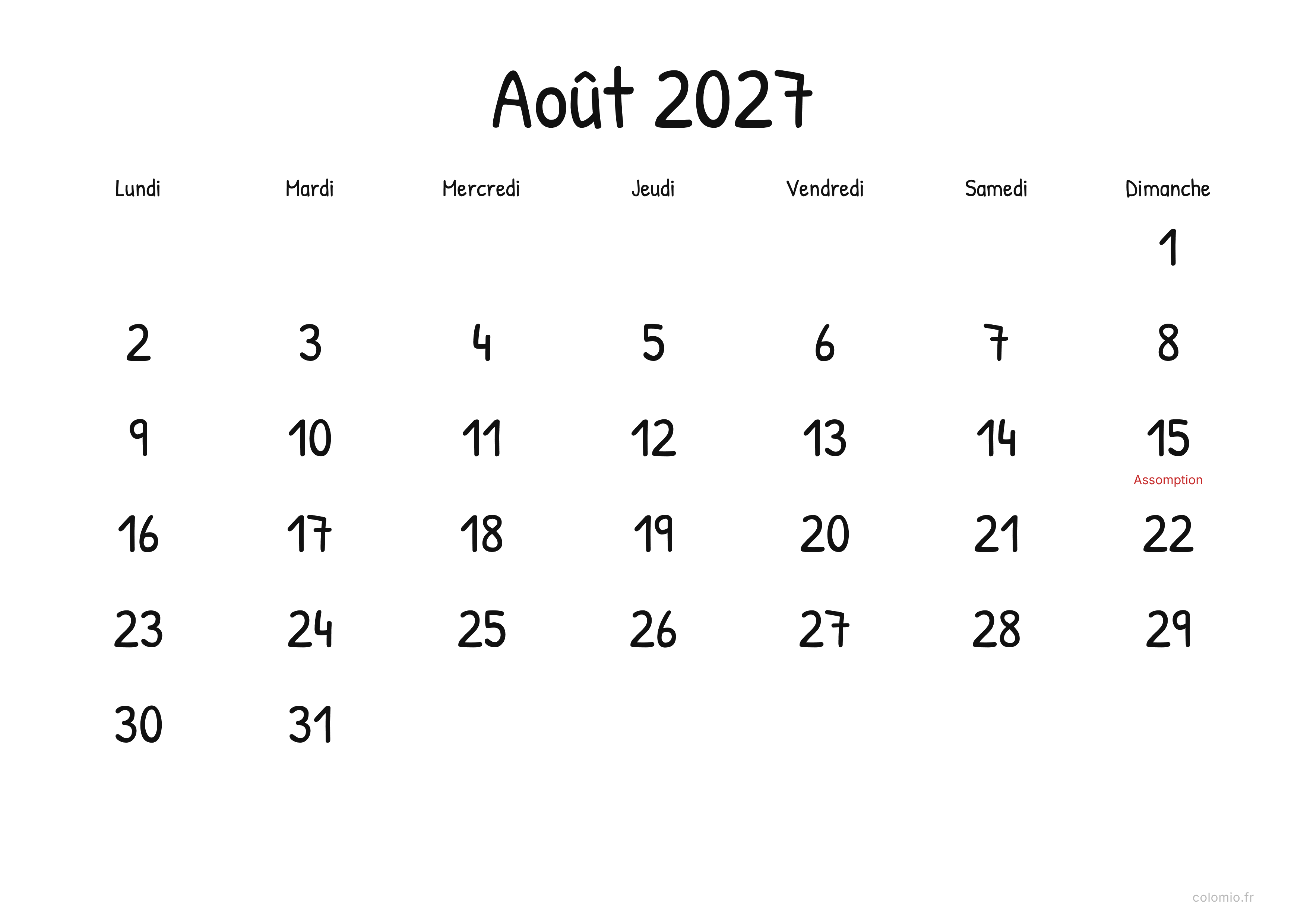Calendrier Août 2027 display · paysage, PDF à imprimer
