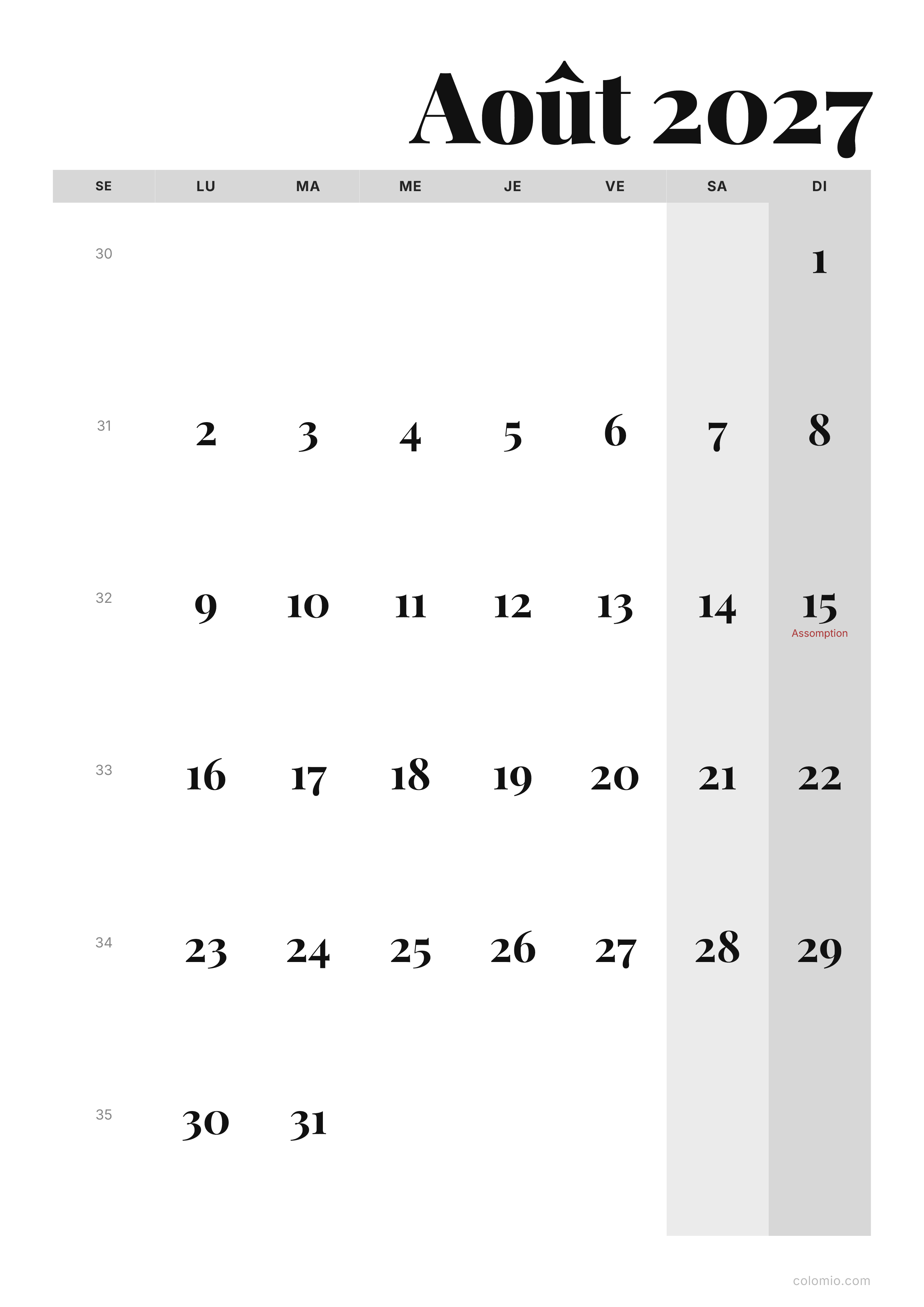 Calendrier Août 2027 éditorial · portrait, PDF à imprimer