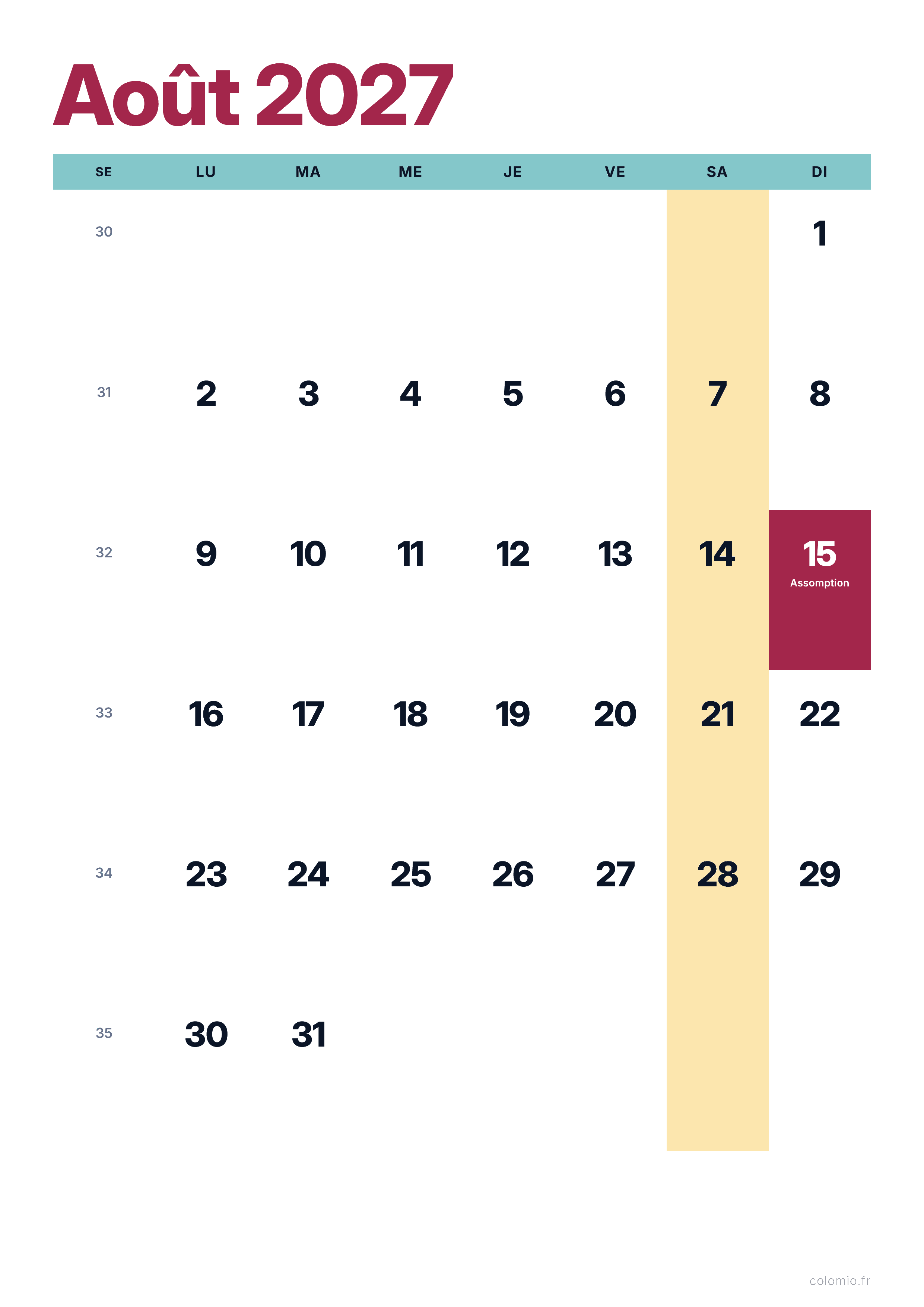 Calendrier Août 2027 coloré & moderne · portrait, PDF à imprimer