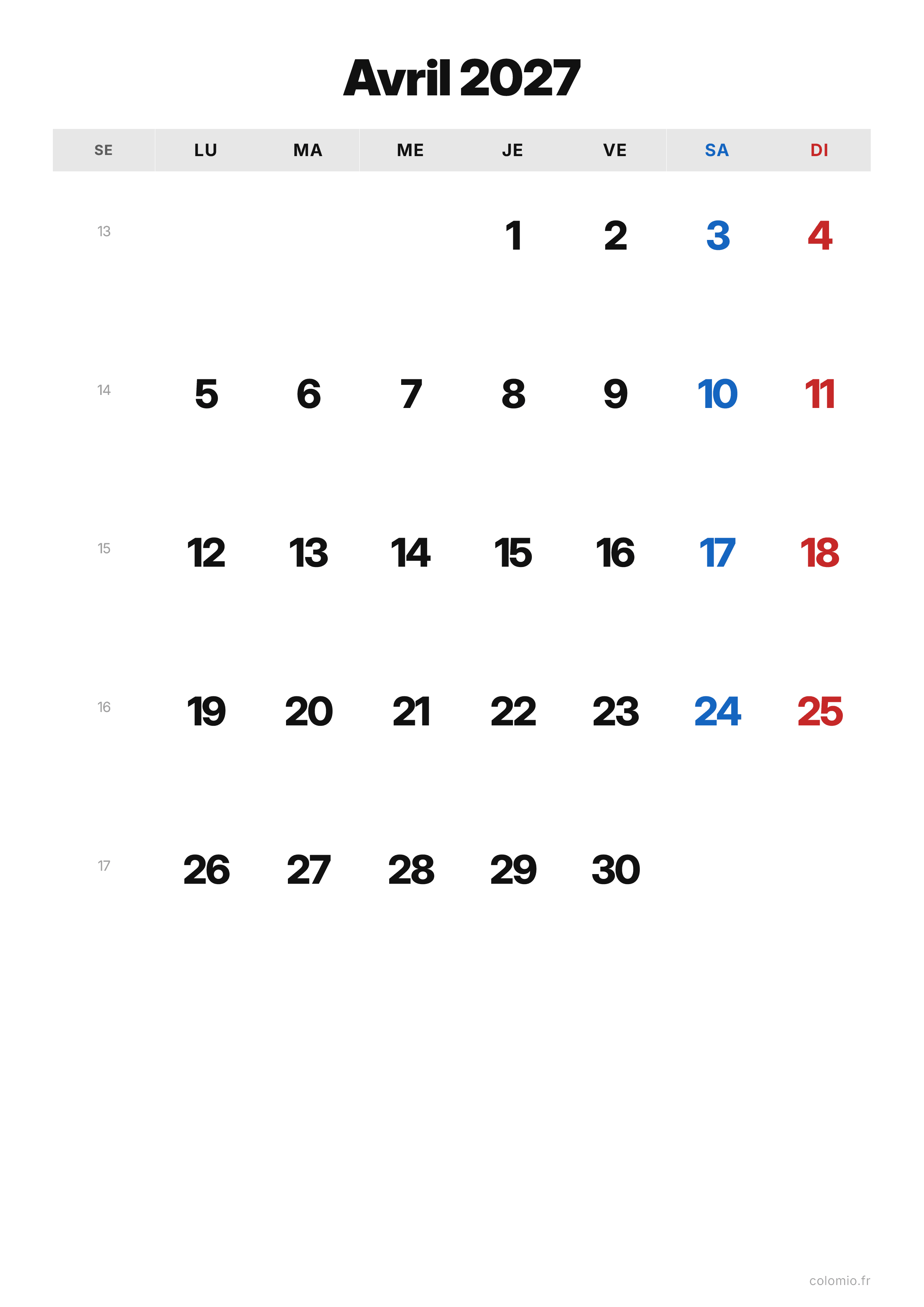 Calendrier Avril 2027 classique · portrait, PDF à imprimer