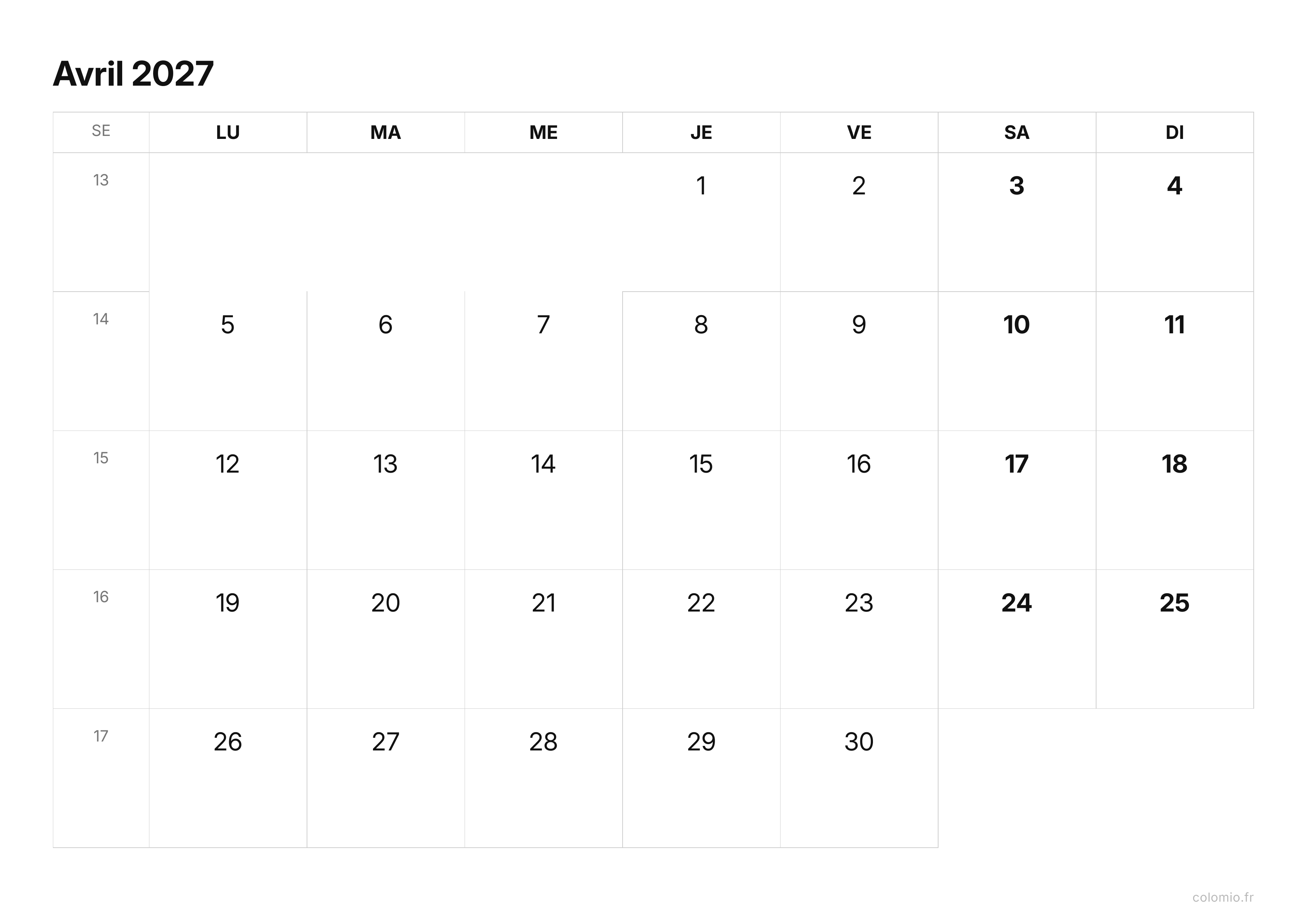 Calendrier Avril 2027 épuré · paysage, PDF à imprimer