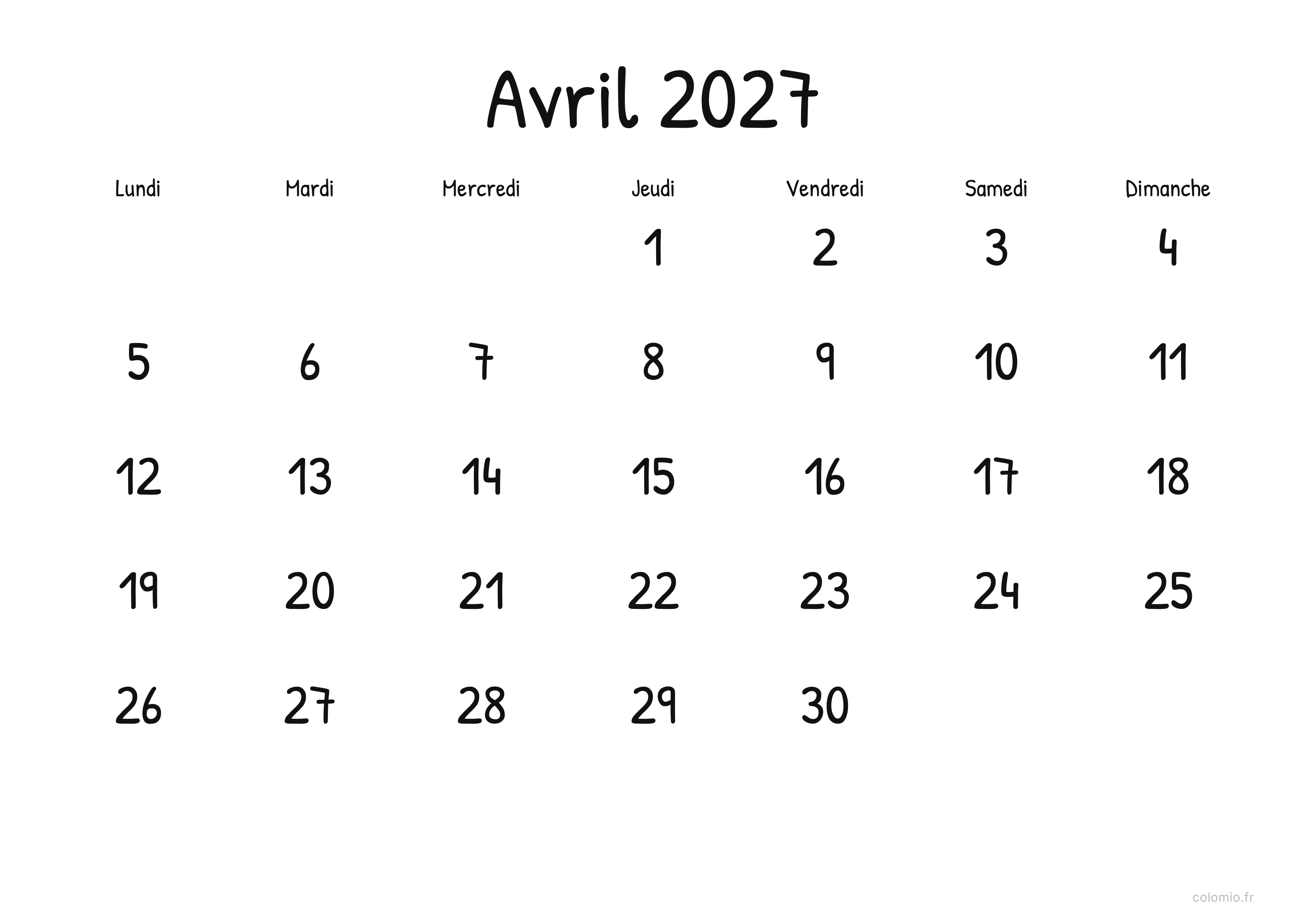 Calendrier Avril 2027 display · paysage, PDF à imprimer