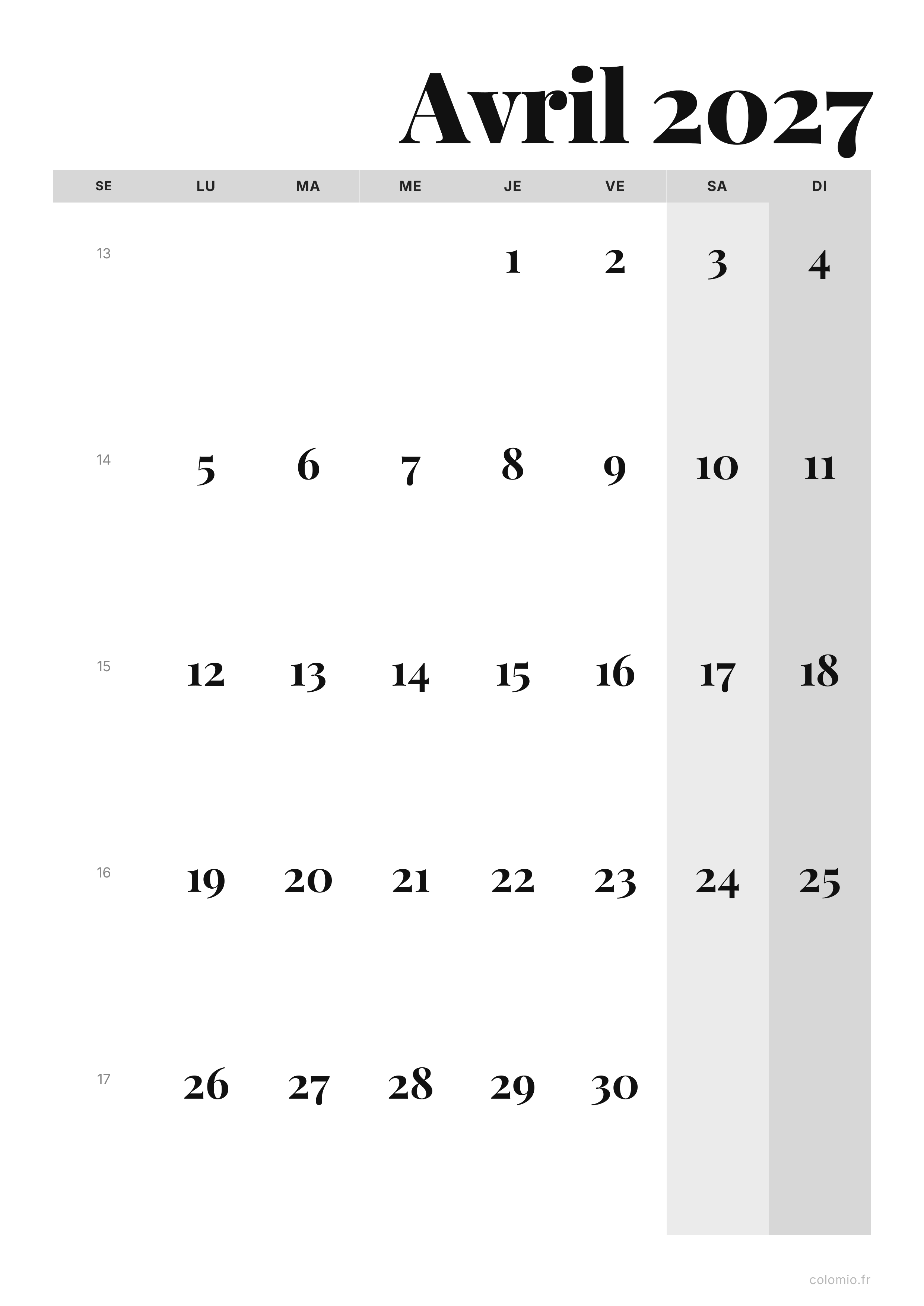 Calendrier Avril 2027 éditorial · portrait, PDF à imprimer
