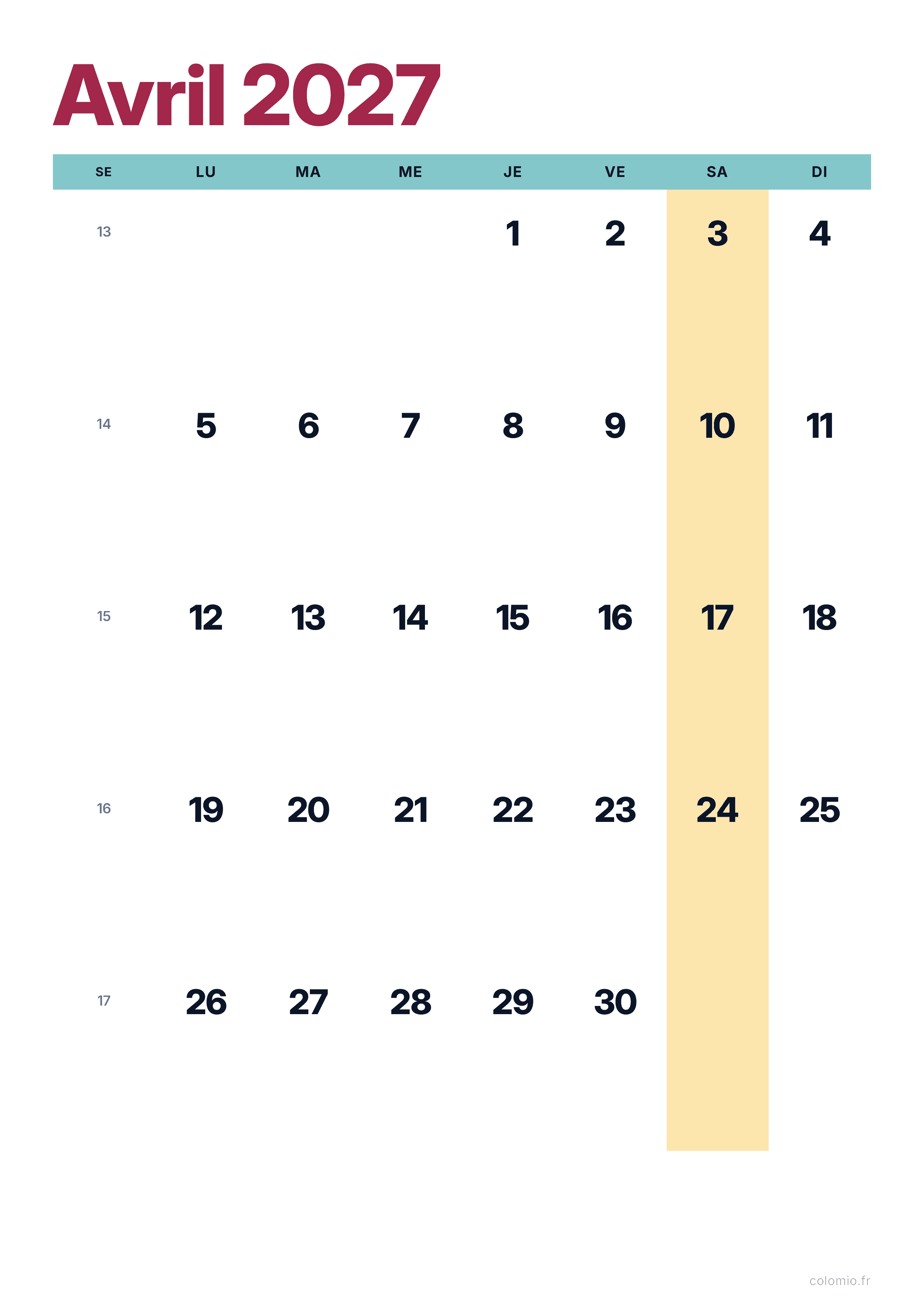 Calendrier Avril 2027 coloré & moderne · portrait, PDF à imprimer