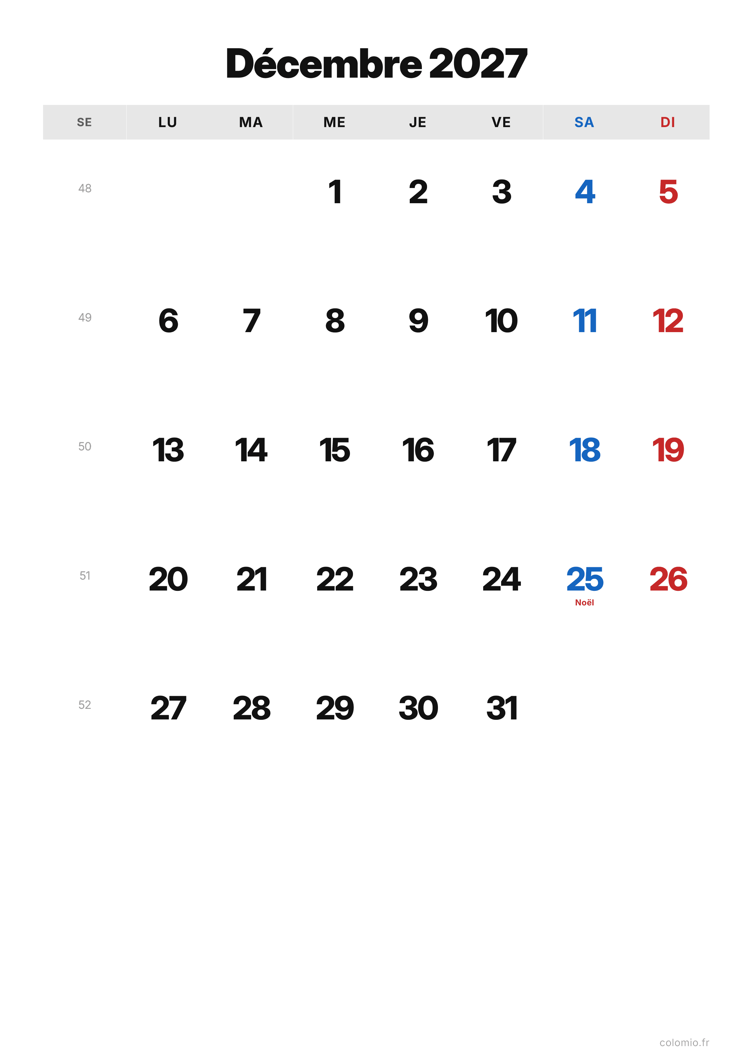 Calendrier Décembre 2027 classique · portrait, PDF à imprimer