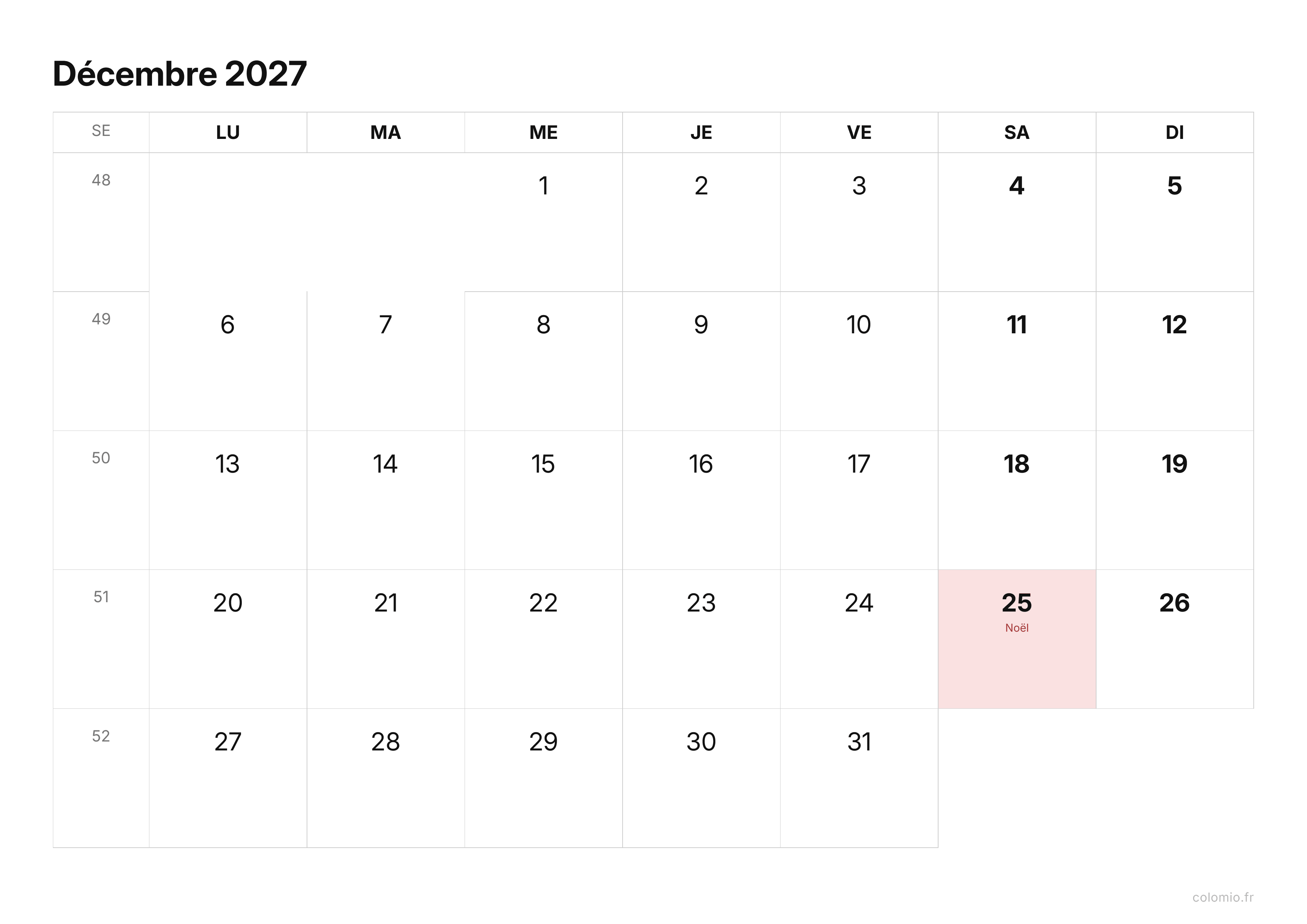 Calendrier Décembre 2027 épuré · paysage, PDF à imprimer