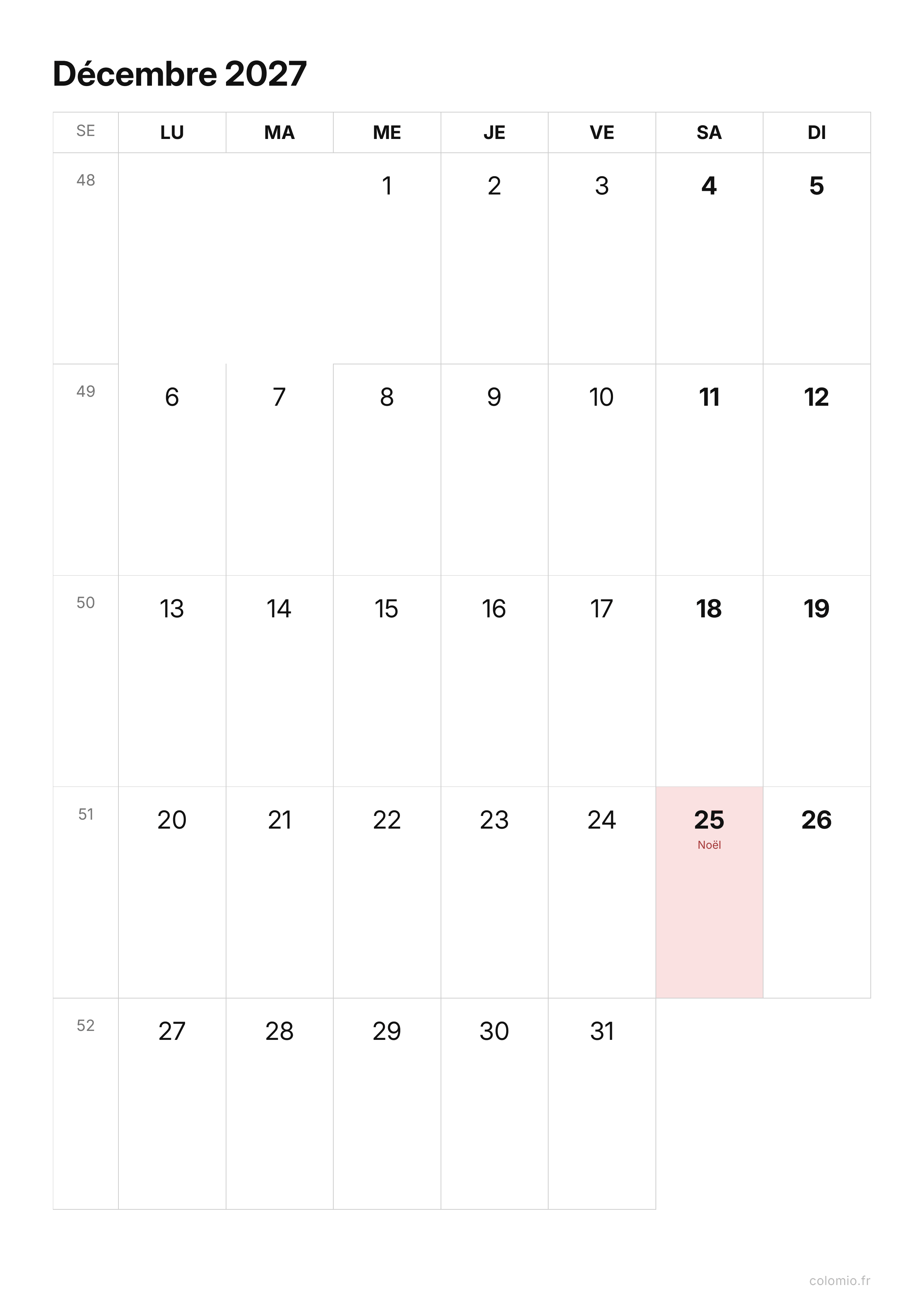 Calendrier Décembre 2027 épuré · portrait, PDF à imprimer