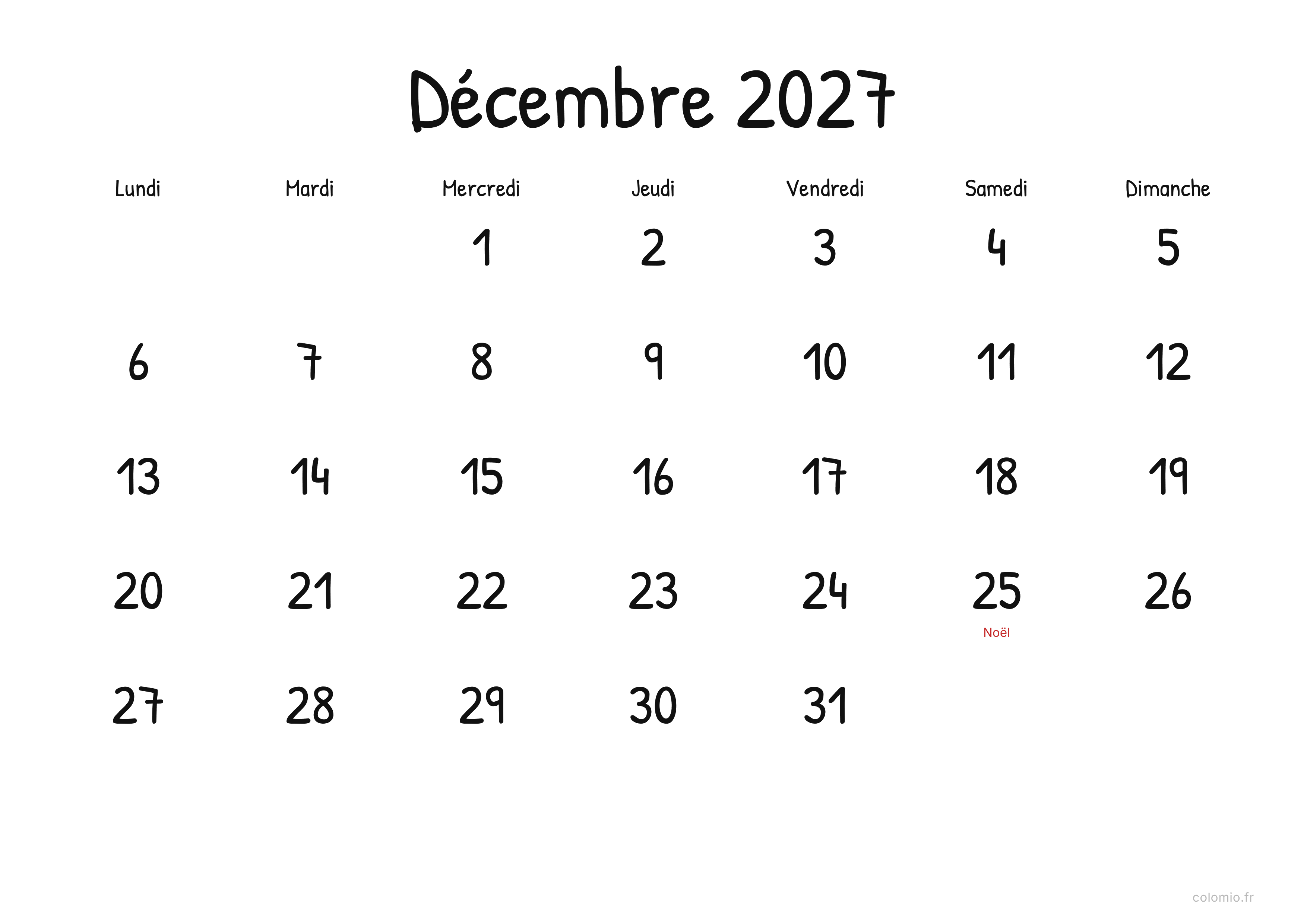 Calendrier Décembre 2027 display · paysage, PDF à imprimer