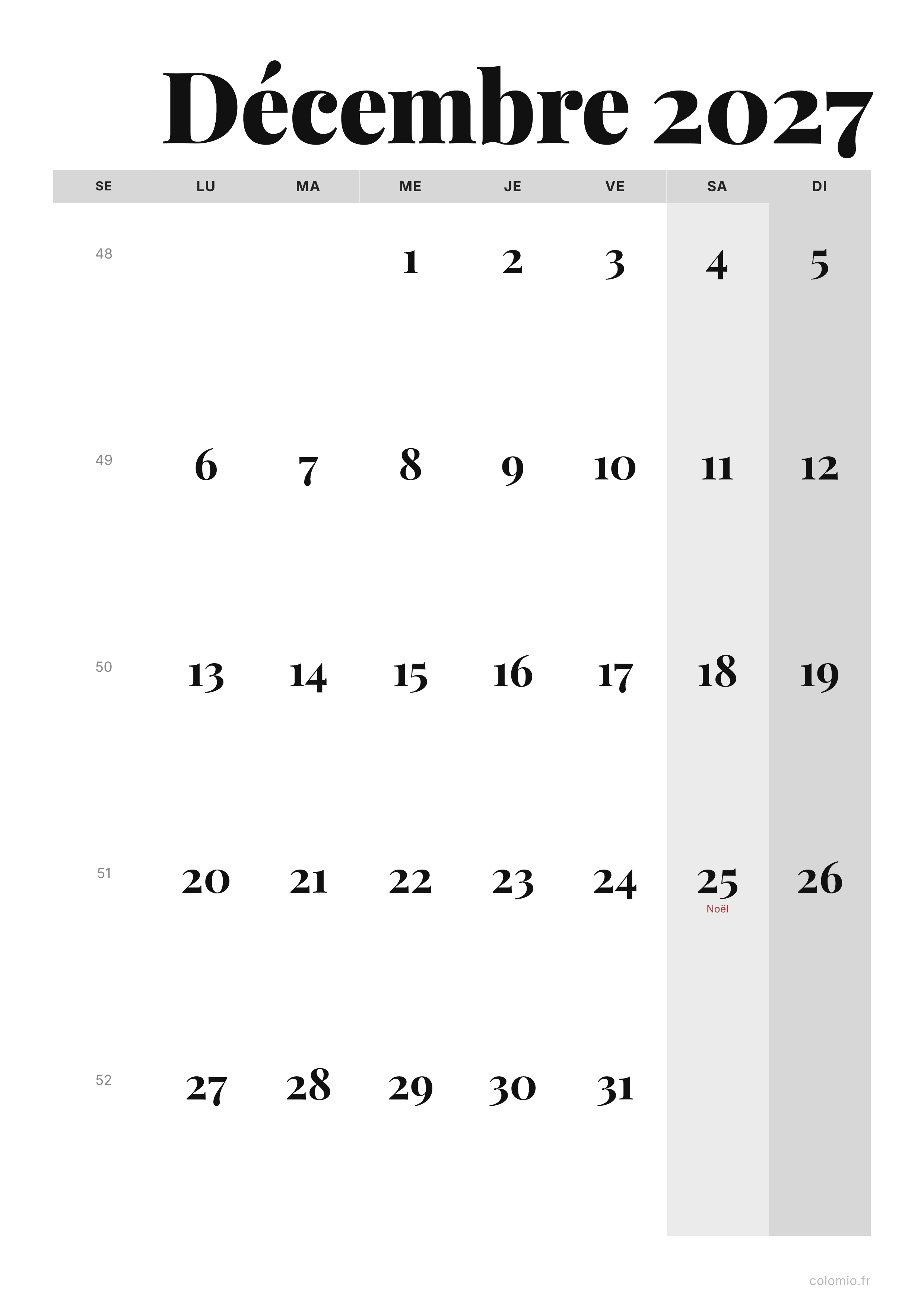 Calendrier Décembre 2027 éditorial · portrait, PDF à imprimer