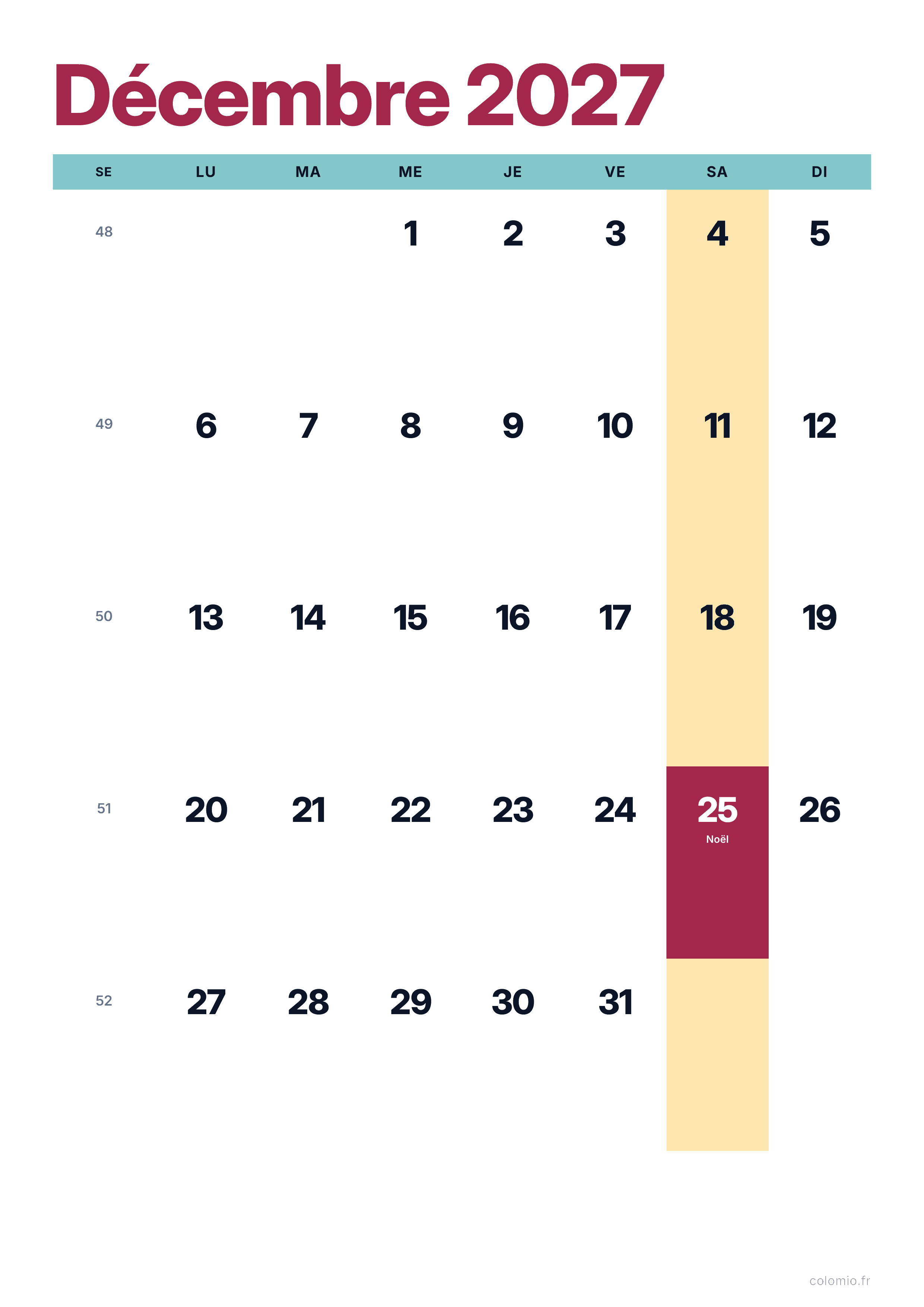 Calendrier Décembre 2027 coloré & moderne · portrait, PDF à imprimer