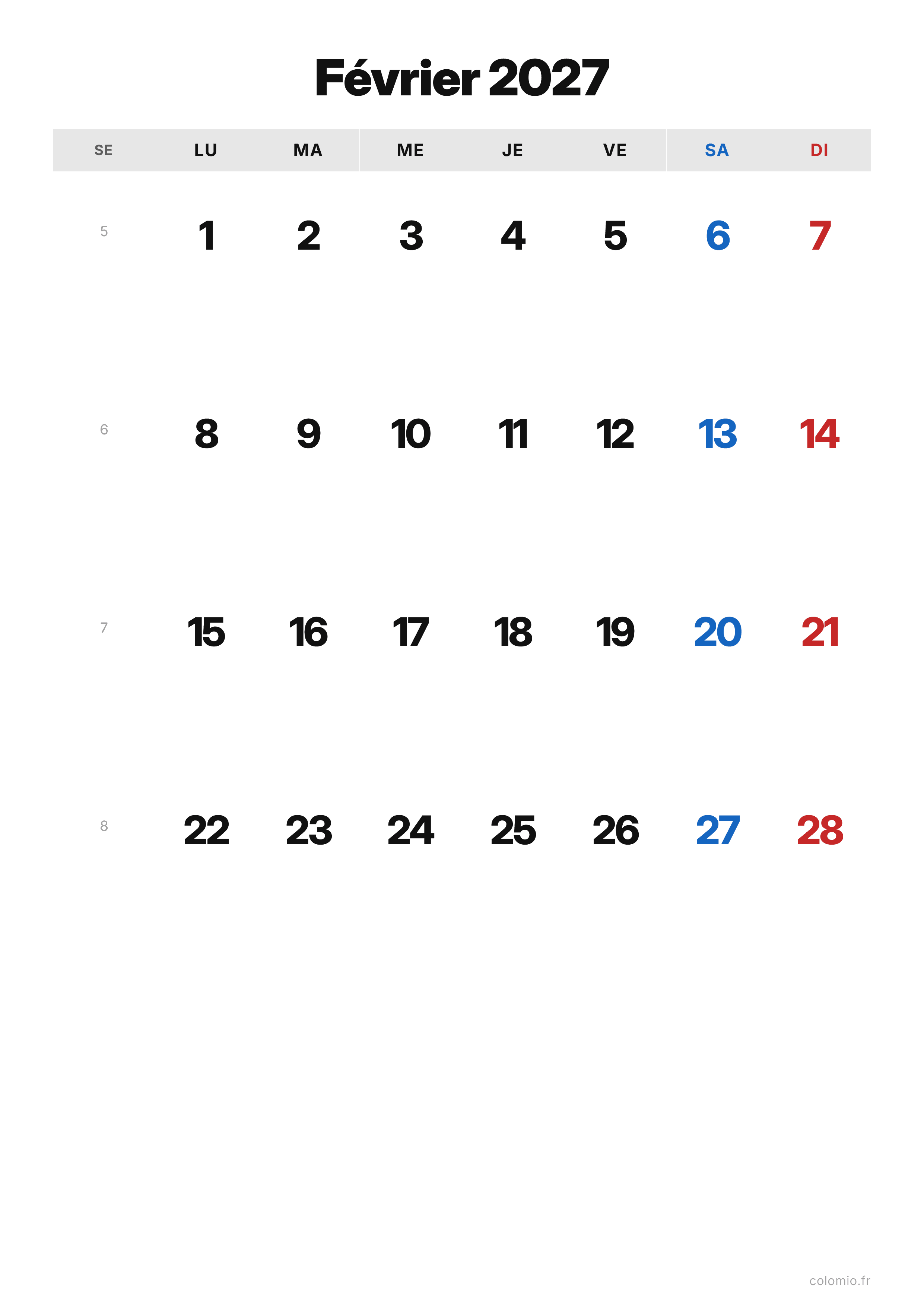 Calendrier Février 2027 classique · portrait, PDF à imprimer