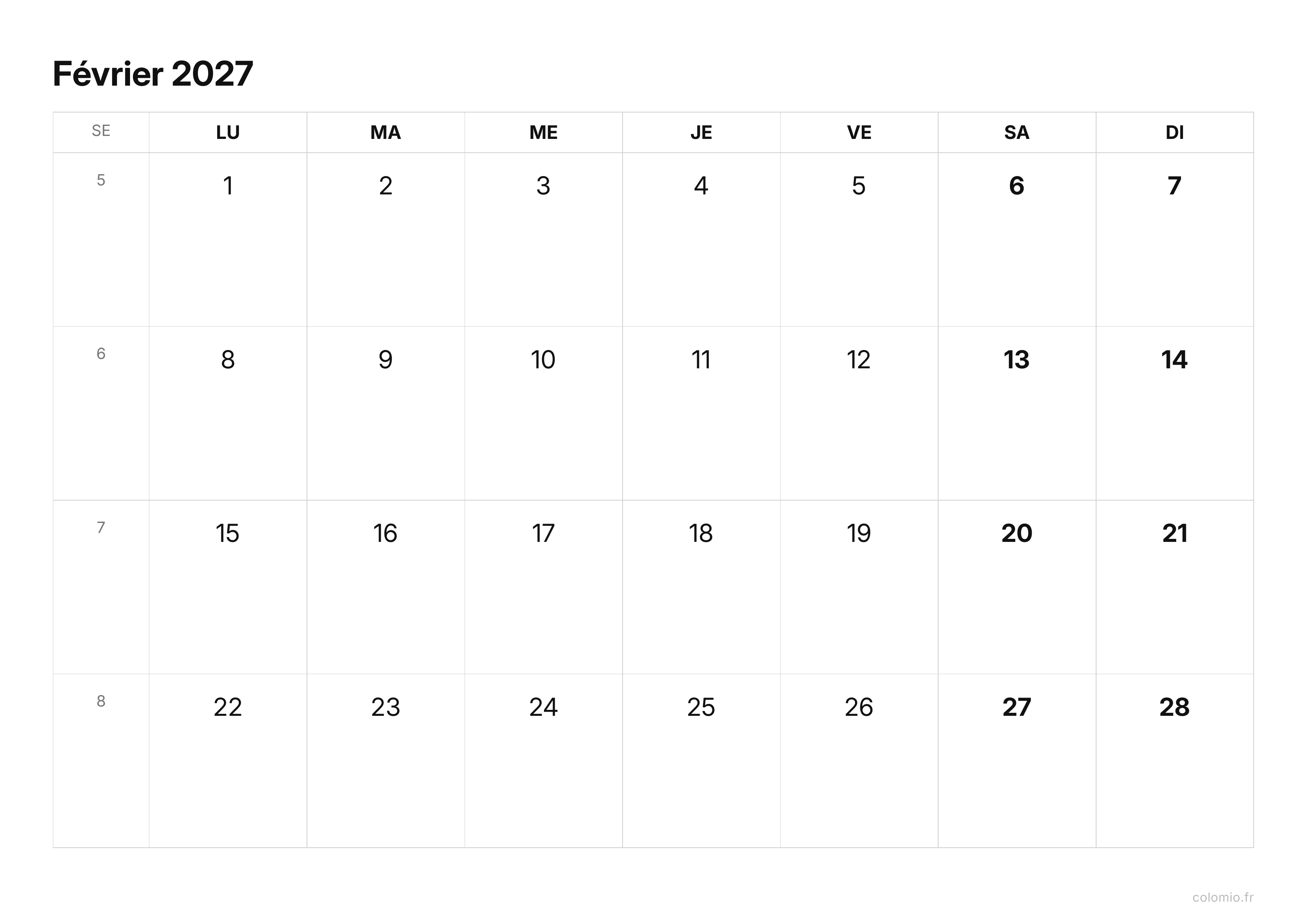 Calendrier Février 2027 épuré · paysage, PDF à imprimer