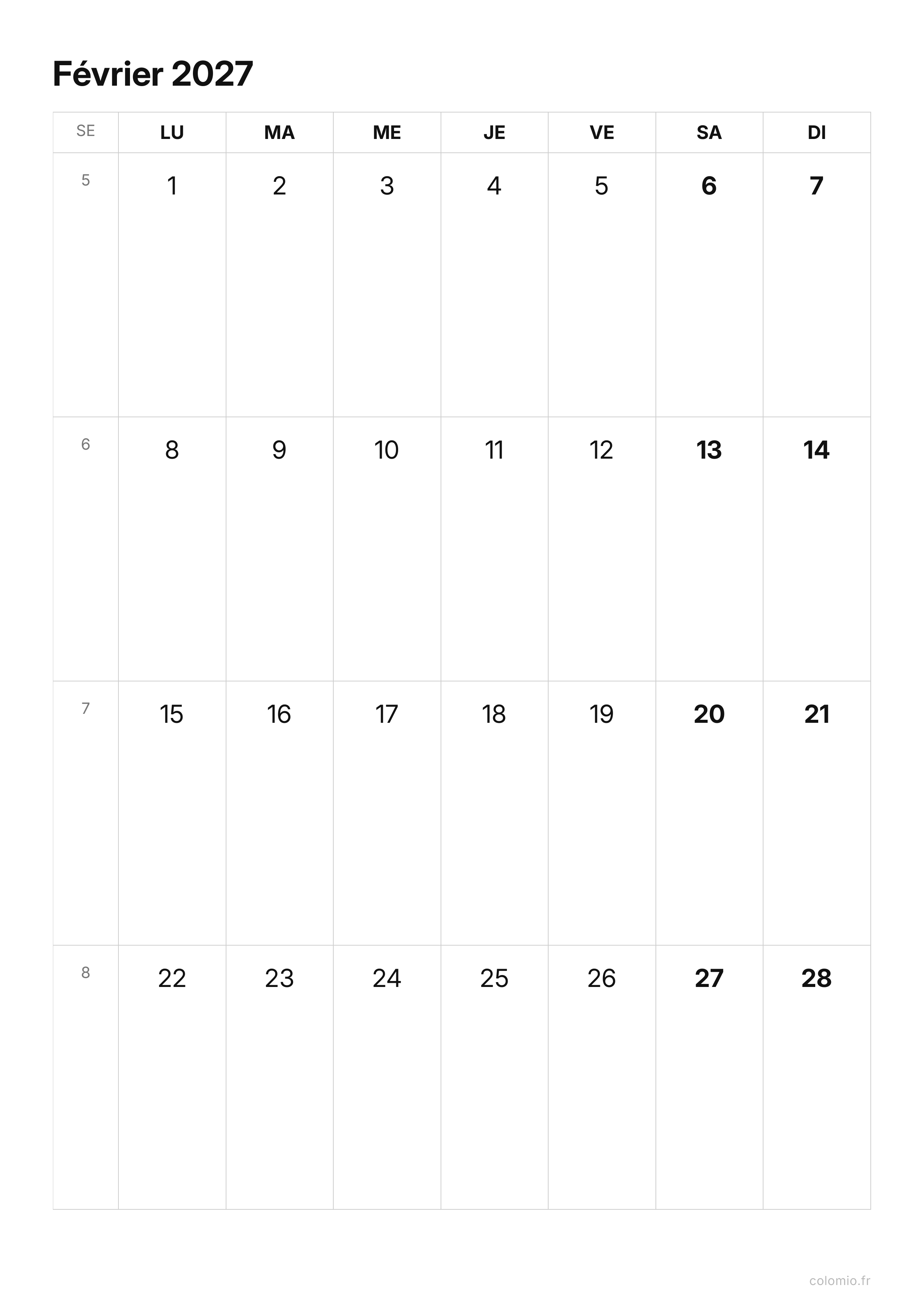 Calendrier Février 2027 épuré · portrait, PDF à imprimer