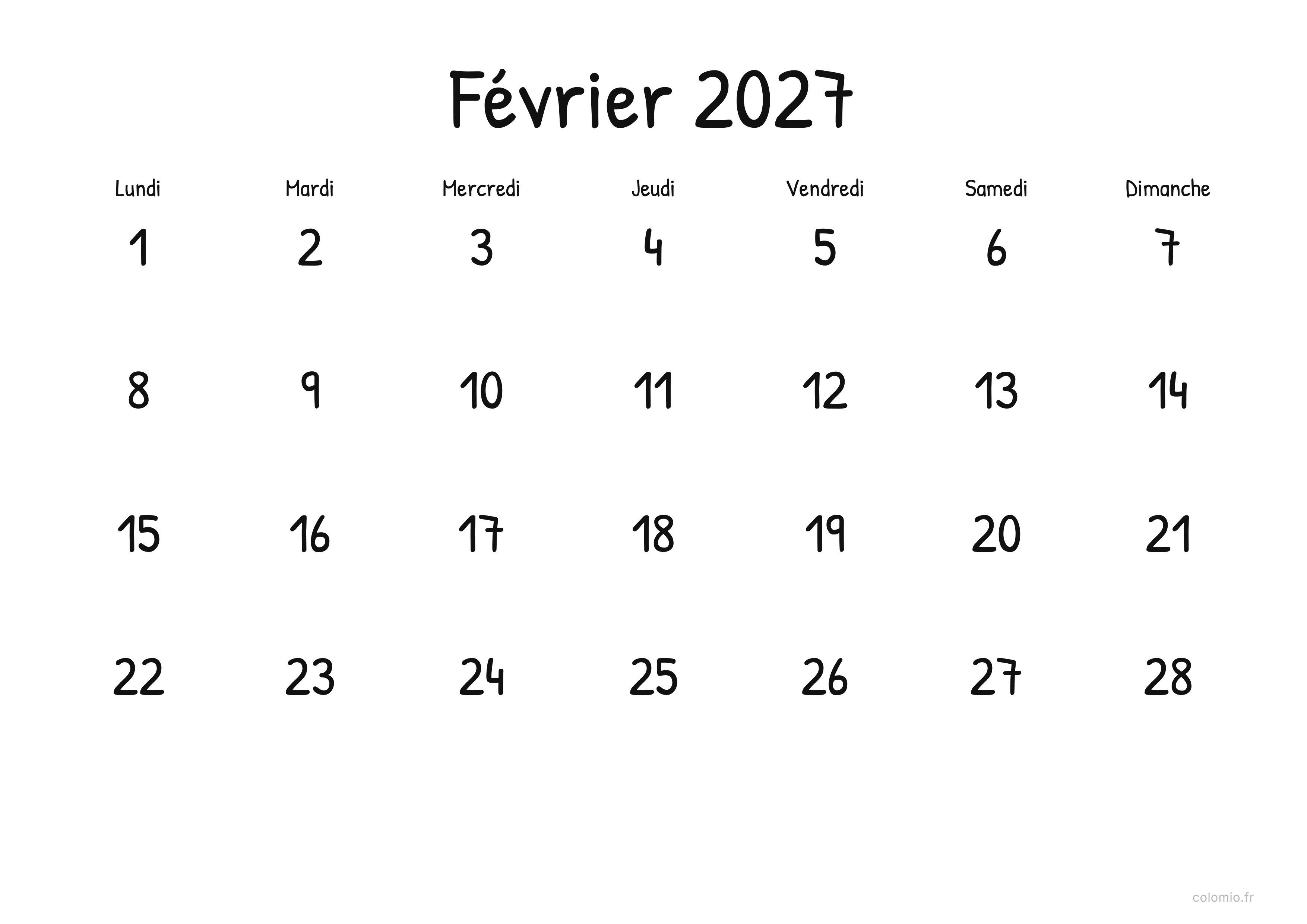 Calendrier Février 2027 display · paysage, PDF à imprimer