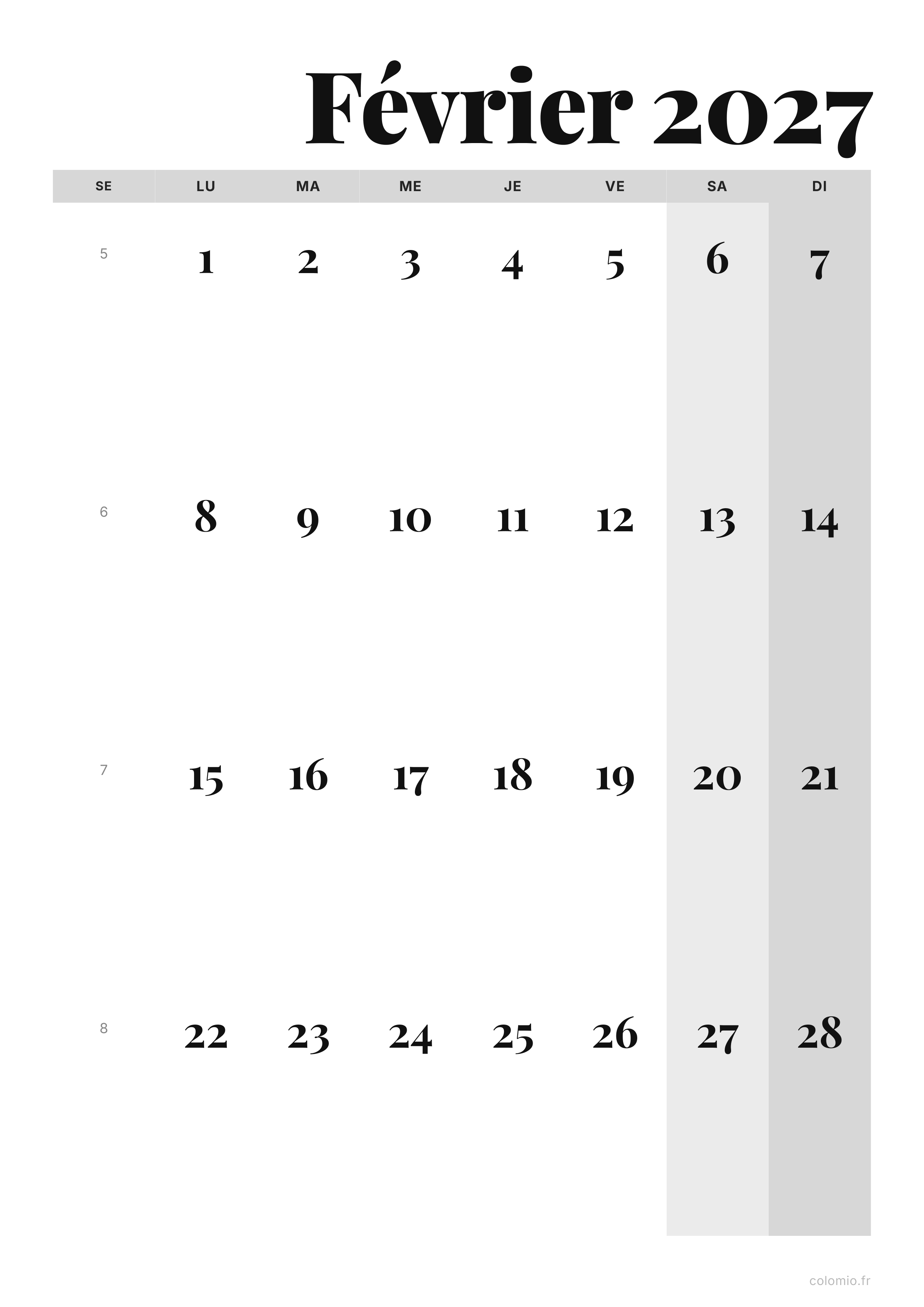 Calendrier Février 2027 éditorial · portrait, PDF à imprimer