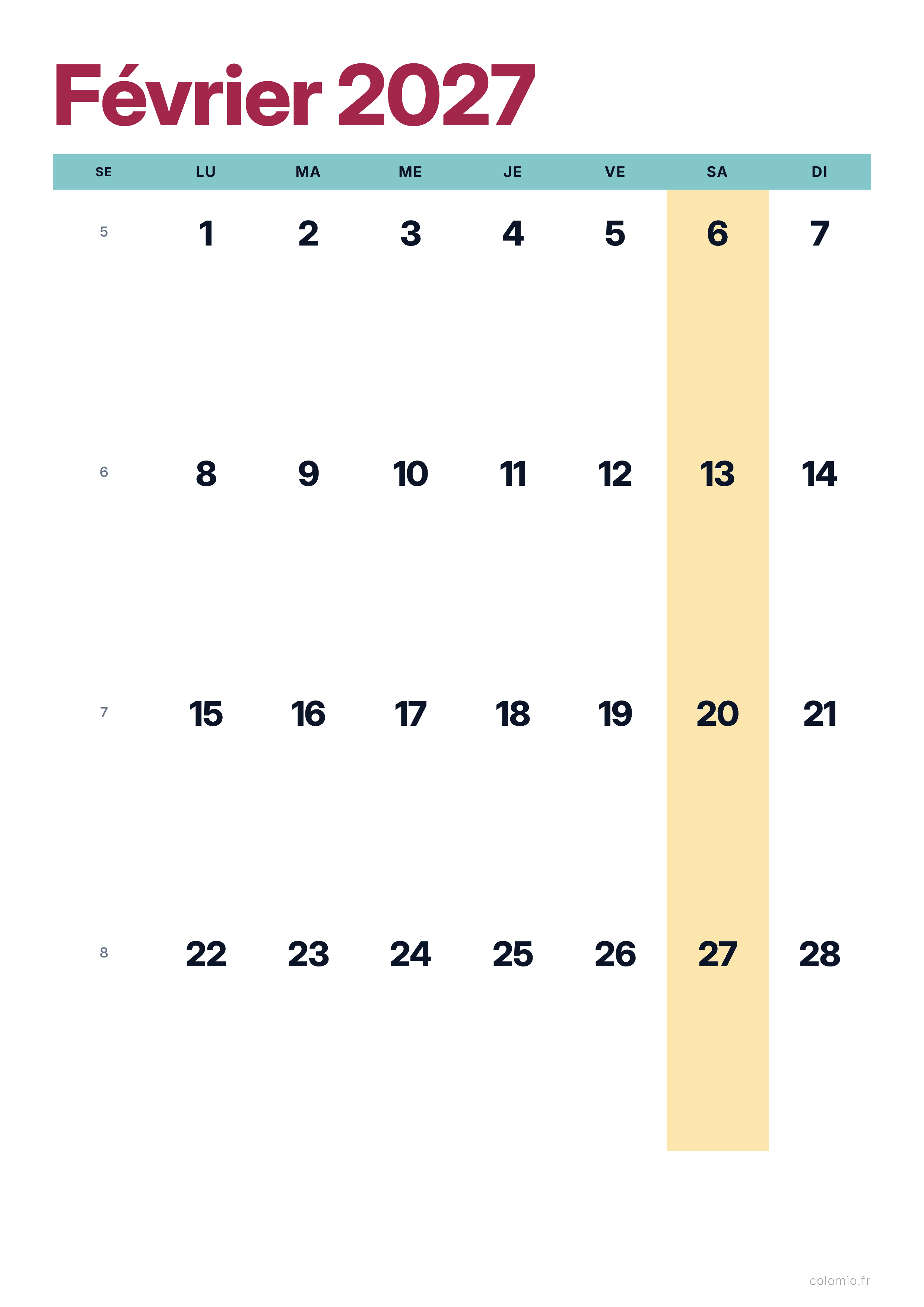 Calendrier Février 2027 coloré & moderne · portrait, PDF à imprimer