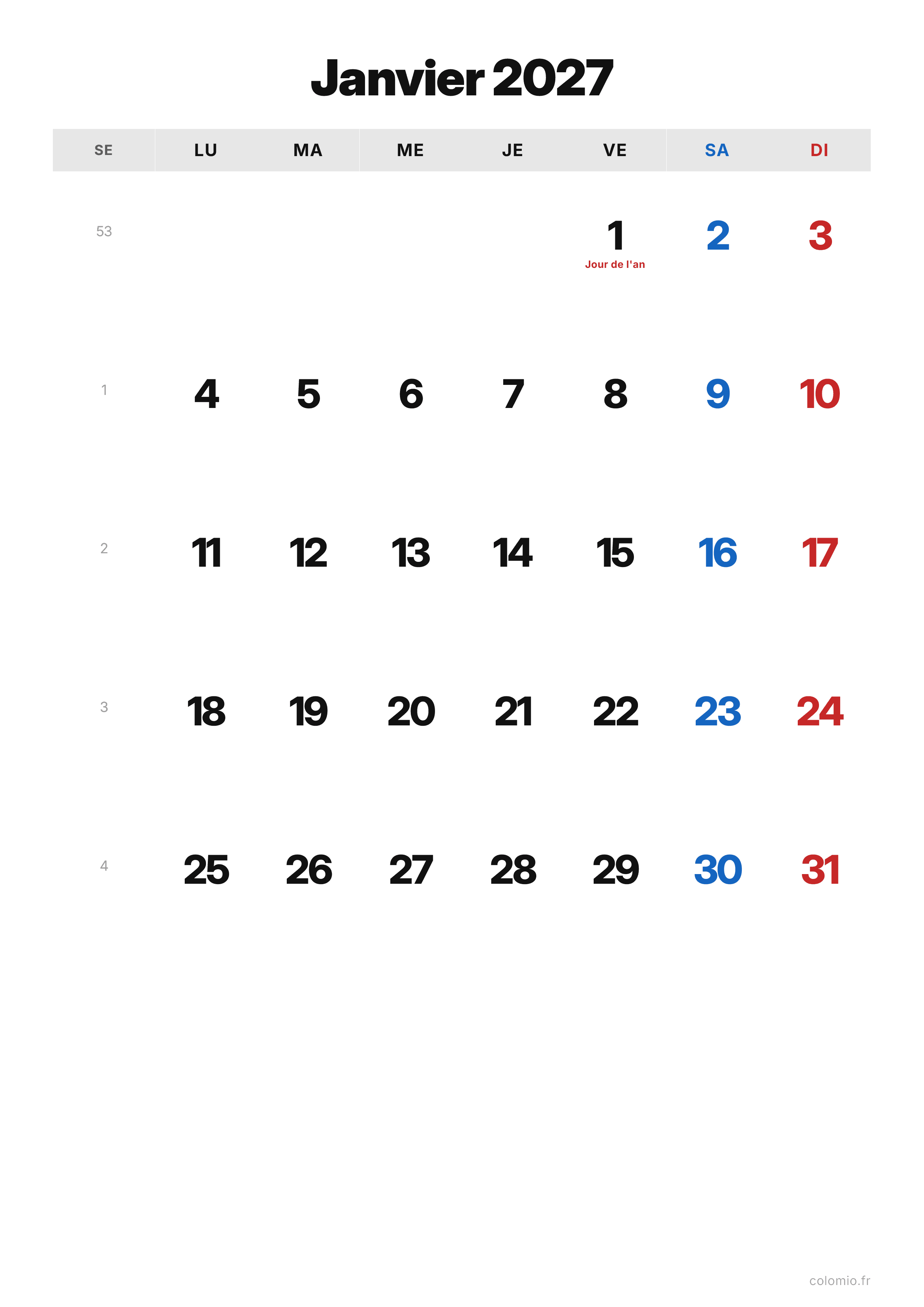 Calendrier Janvier 2027 classique · portrait, PDF à imprimer