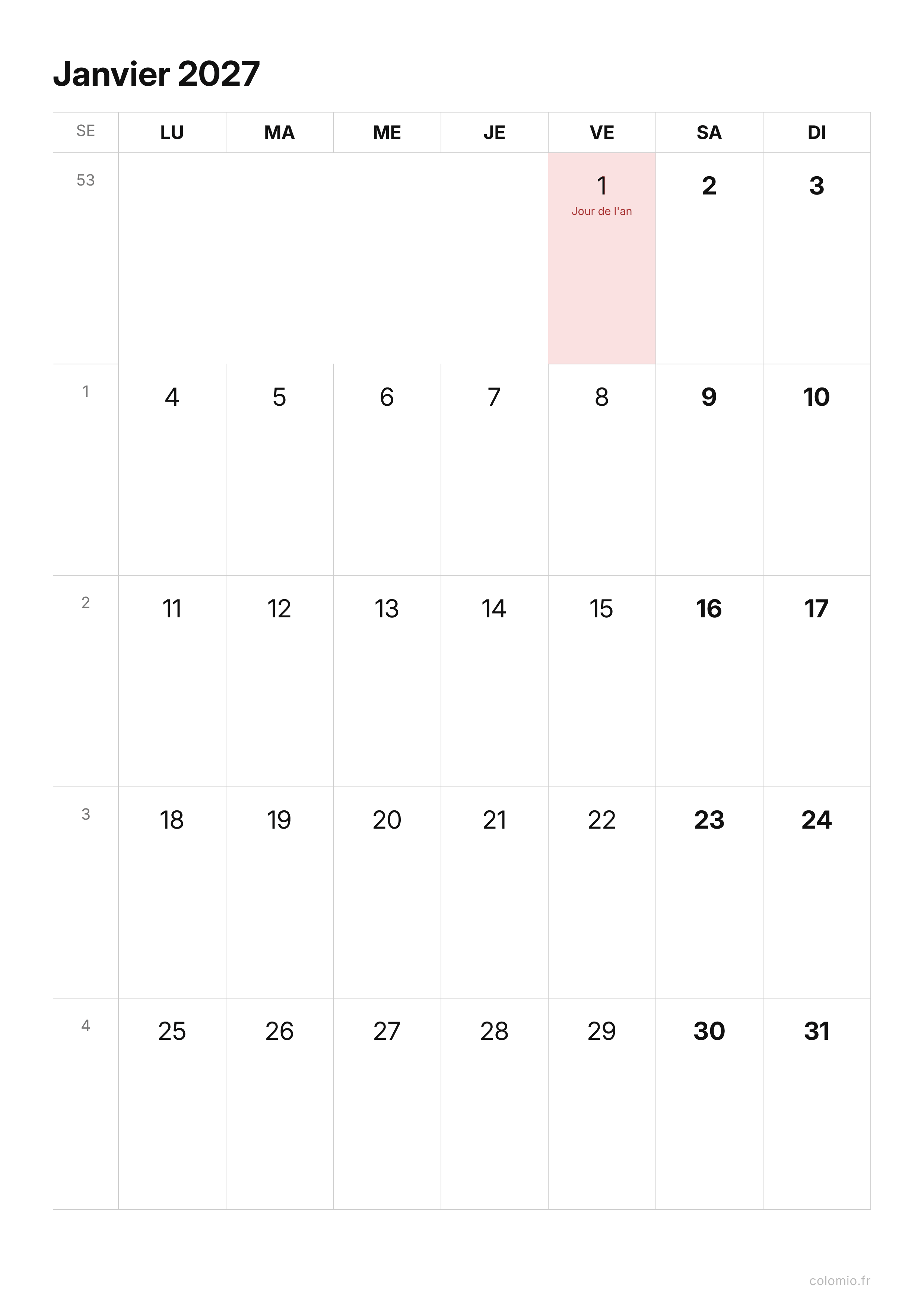 Calendrier Janvier 2027 épuré · portrait, PDF à imprimer