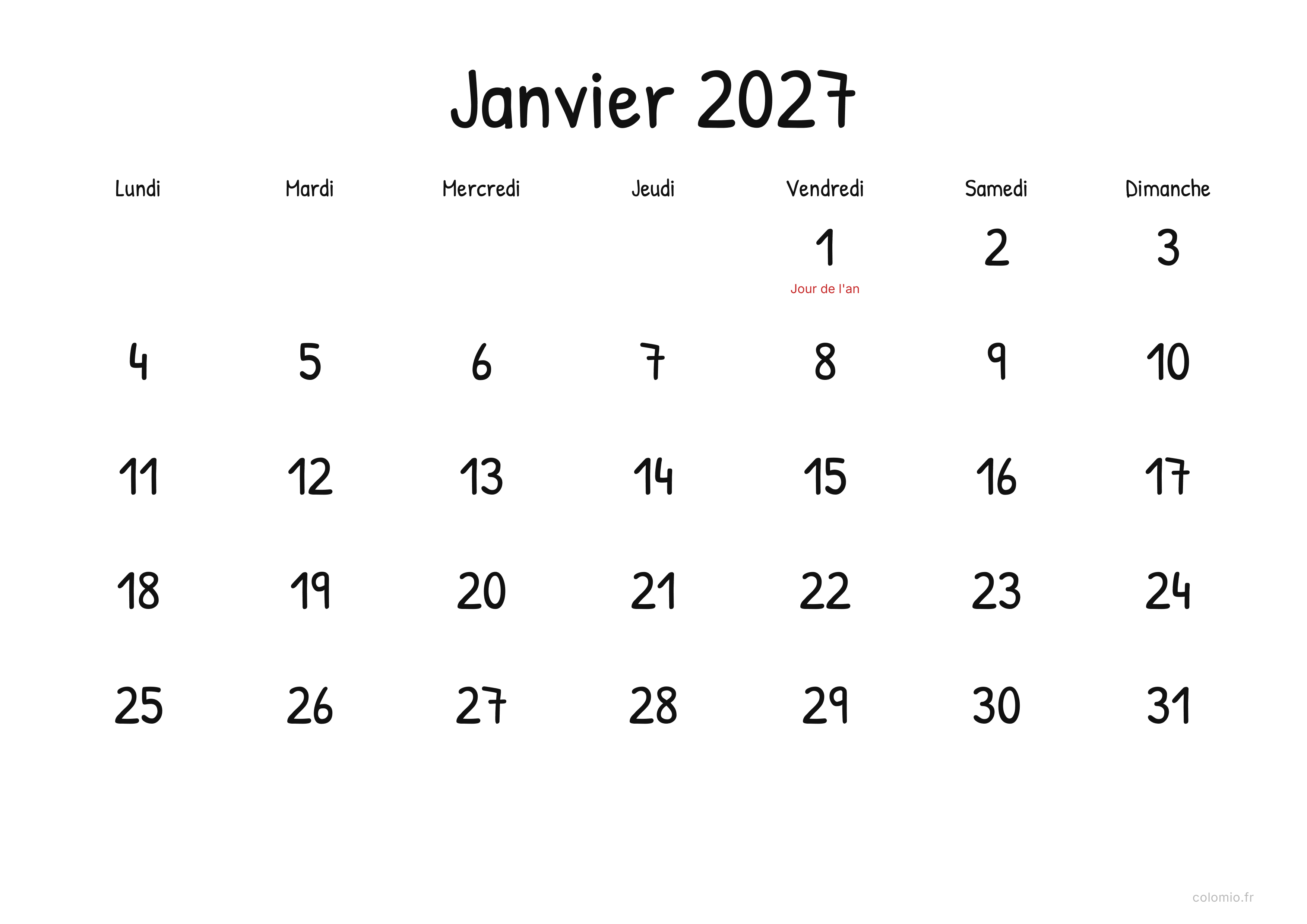 Calendrier Janvier 2027 display · paysage, PDF à imprimer