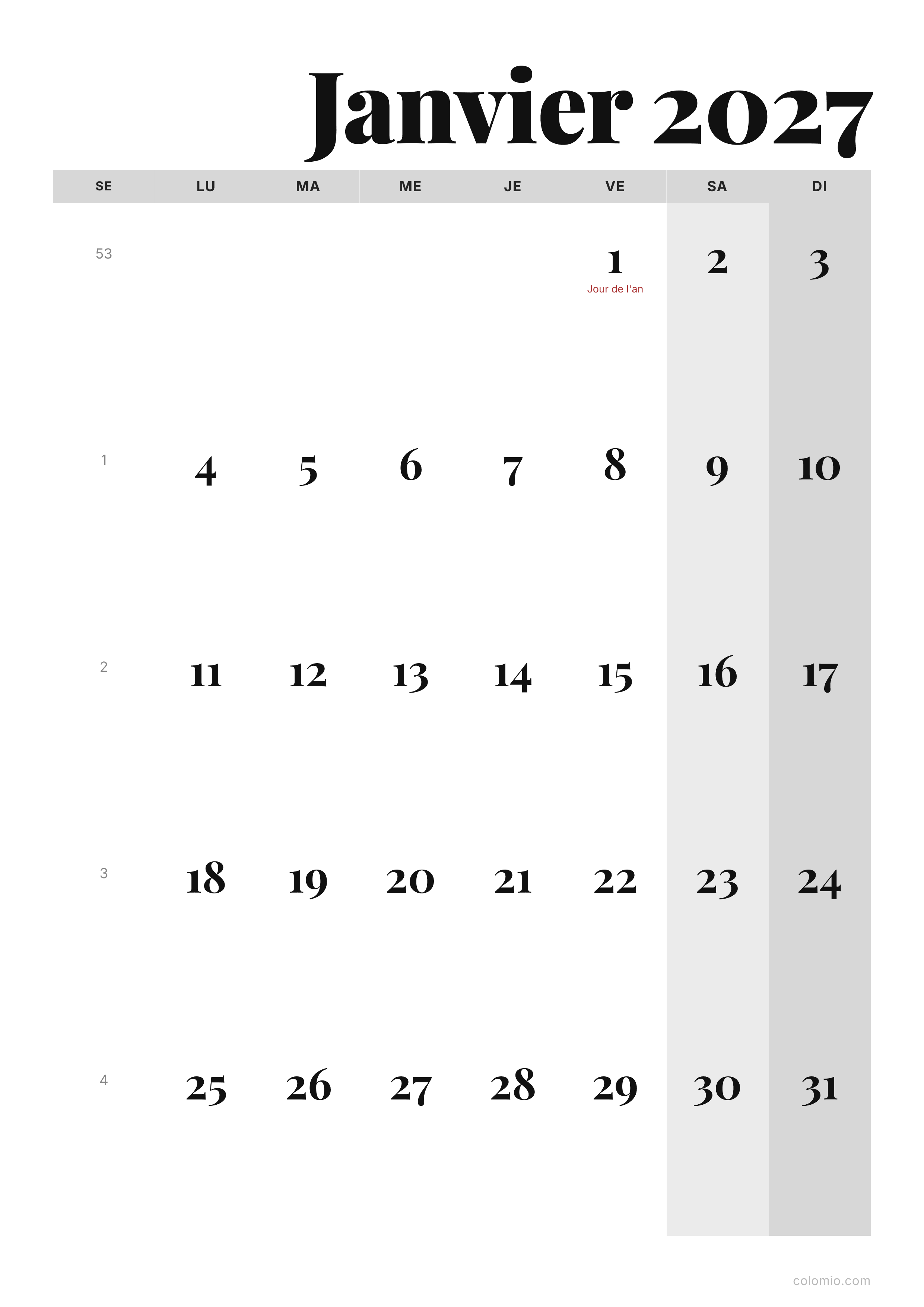 Calendrier Janvier 2027 éditorial · portrait, PDF à imprimer