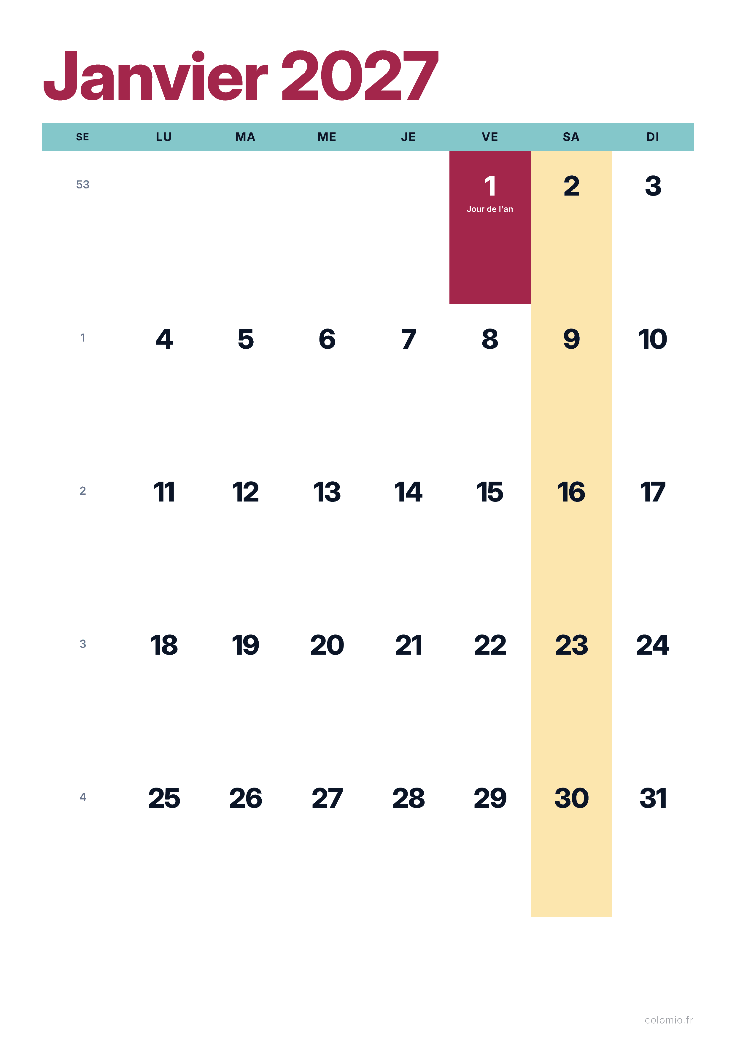 Calendrier Janvier 2027 coloré & moderne · portrait, PDF à imprimer