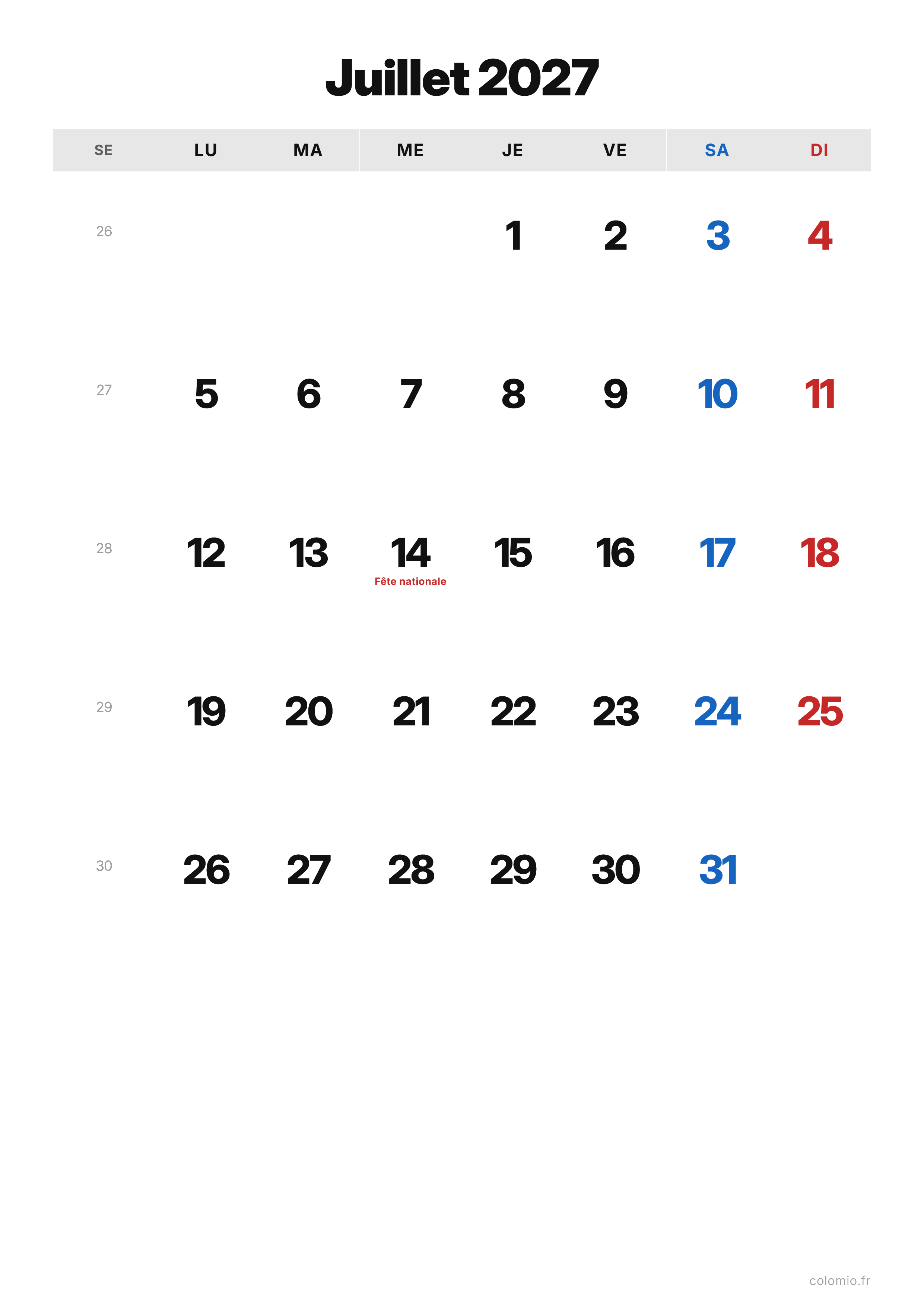 Calendrier Juillet 2027 classique · portrait, PDF à imprimer