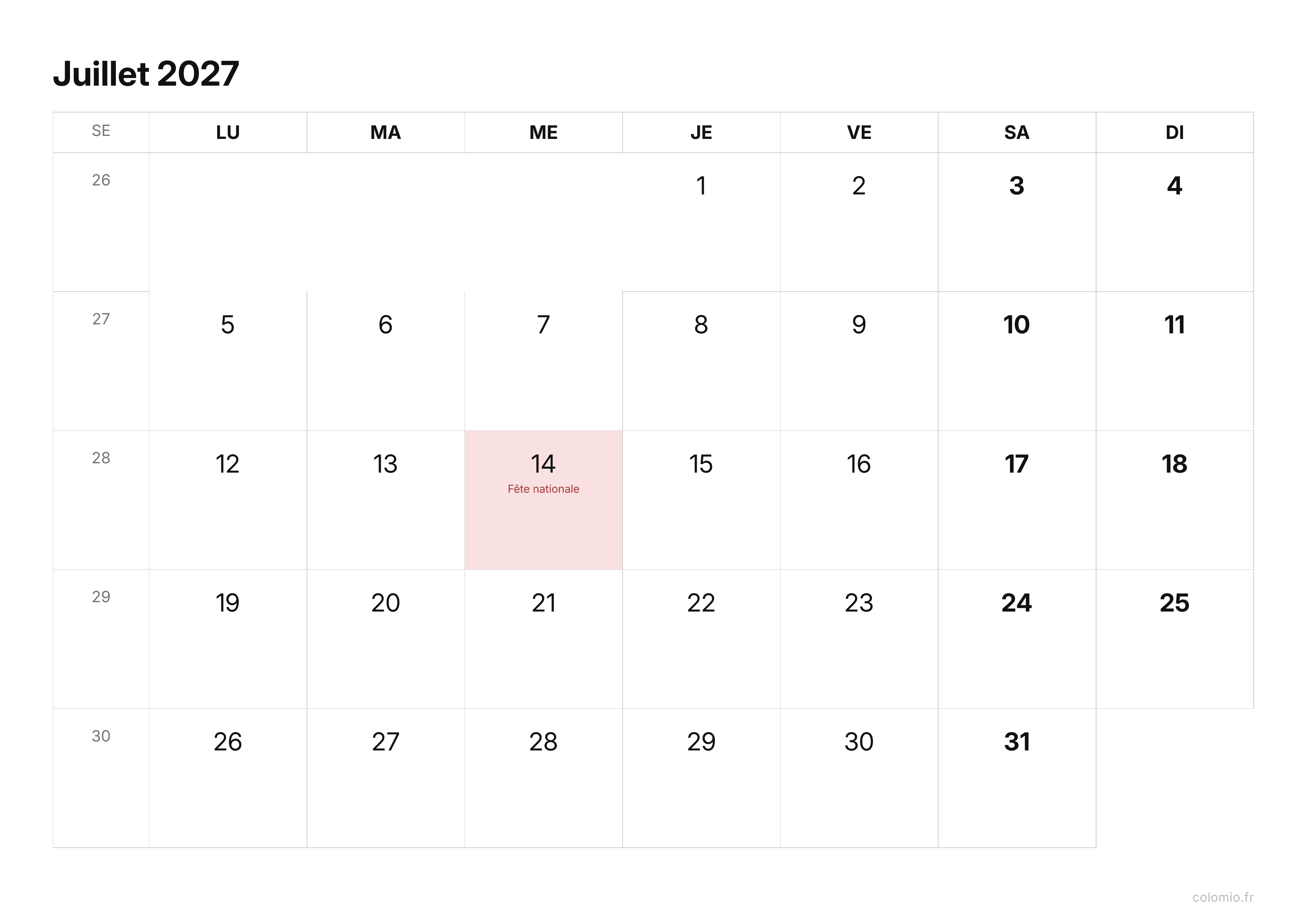 Calendrier Juillet 2027 épuré · paysage, PDF à imprimer
