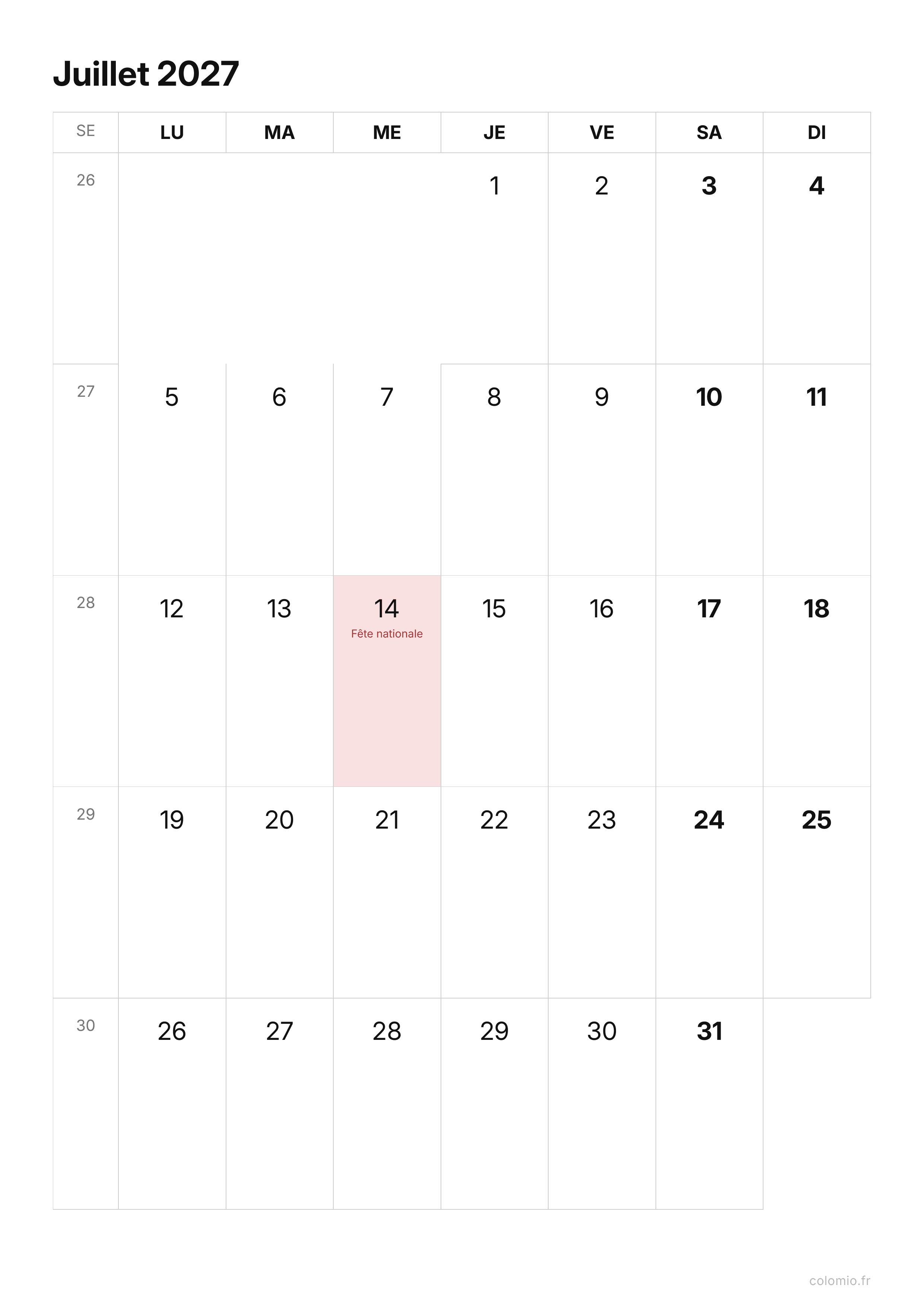 Calendrier Juillet 2027 épuré · portrait, PDF à imprimer