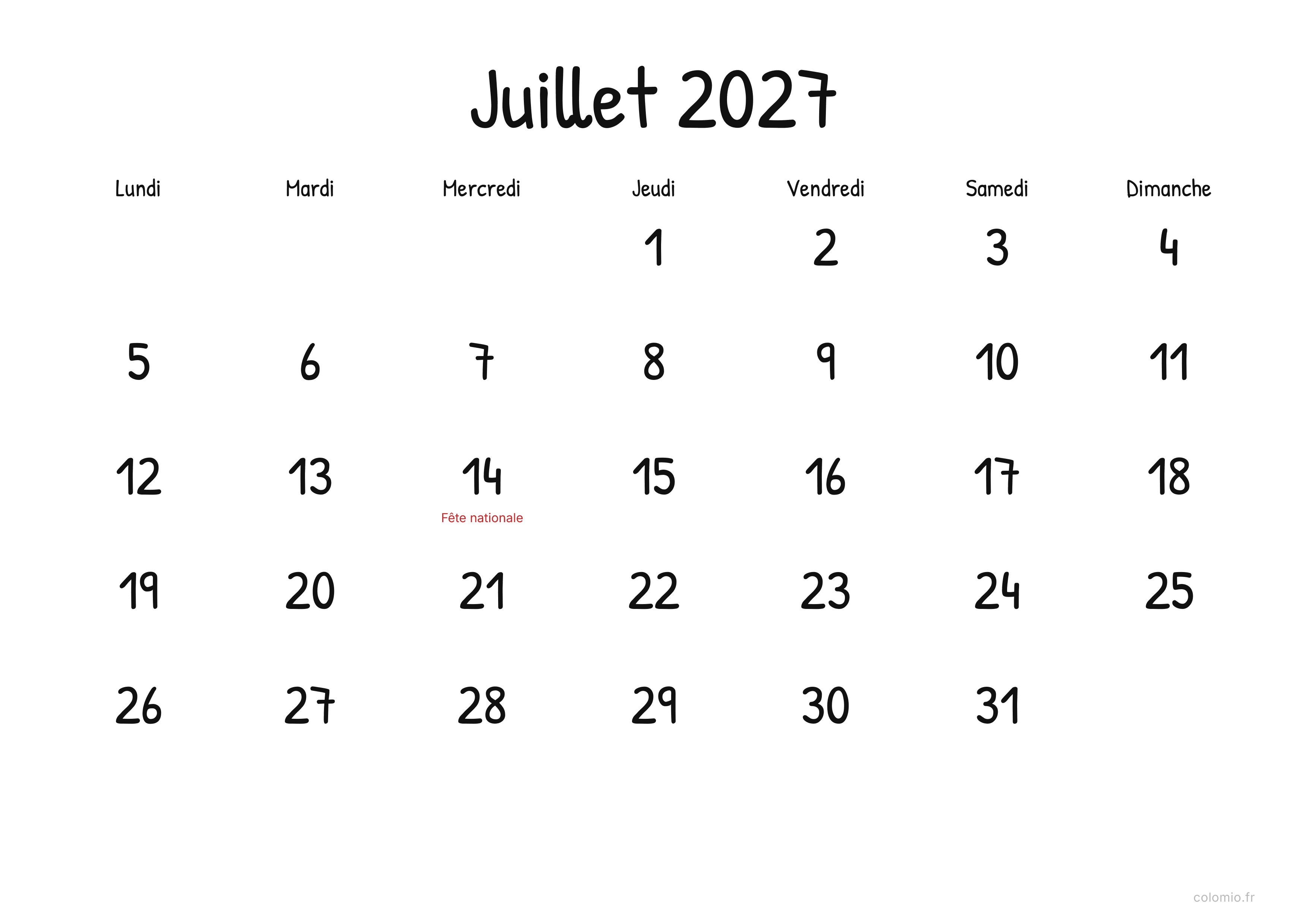 Calendrier Juillet 2027 display · paysage, PDF à imprimer