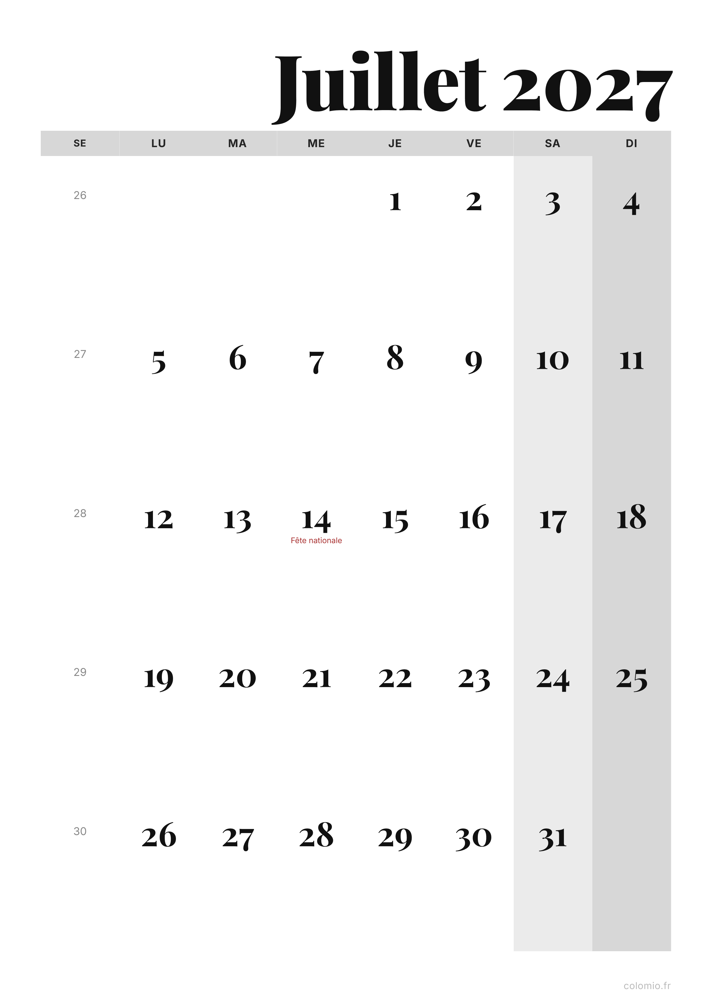 Calendrier Juillet 2027 éditorial · portrait, PDF à imprimer