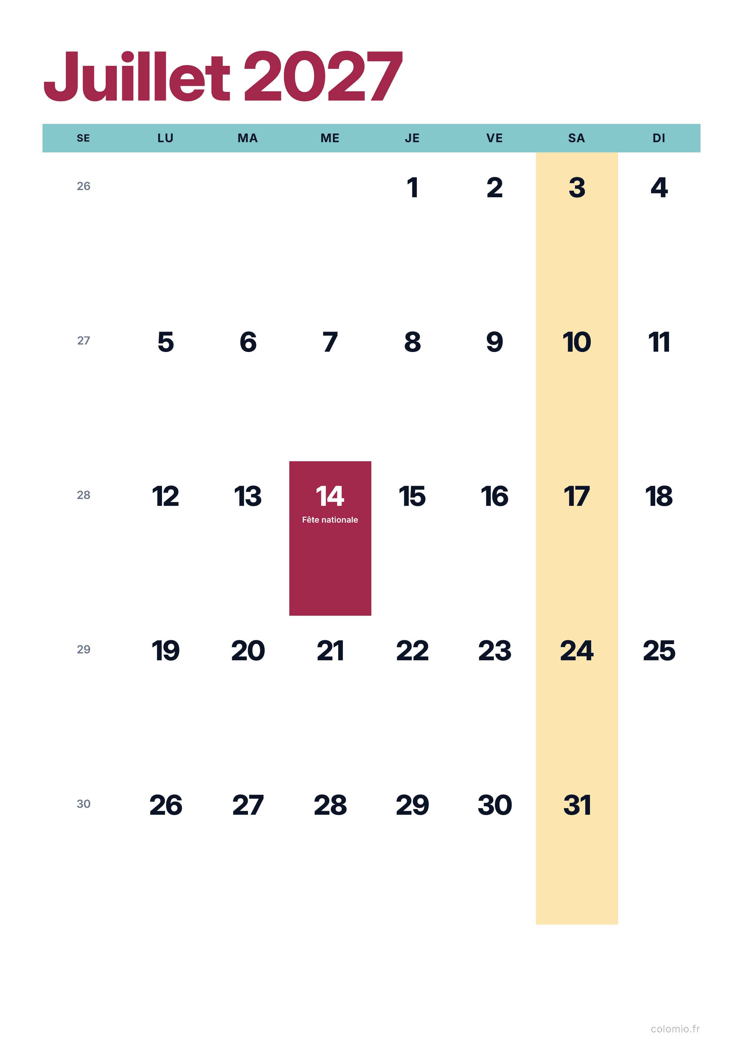 Calendrier Juillet 2027 coloré & moderne · portrait, PDF à imprimer