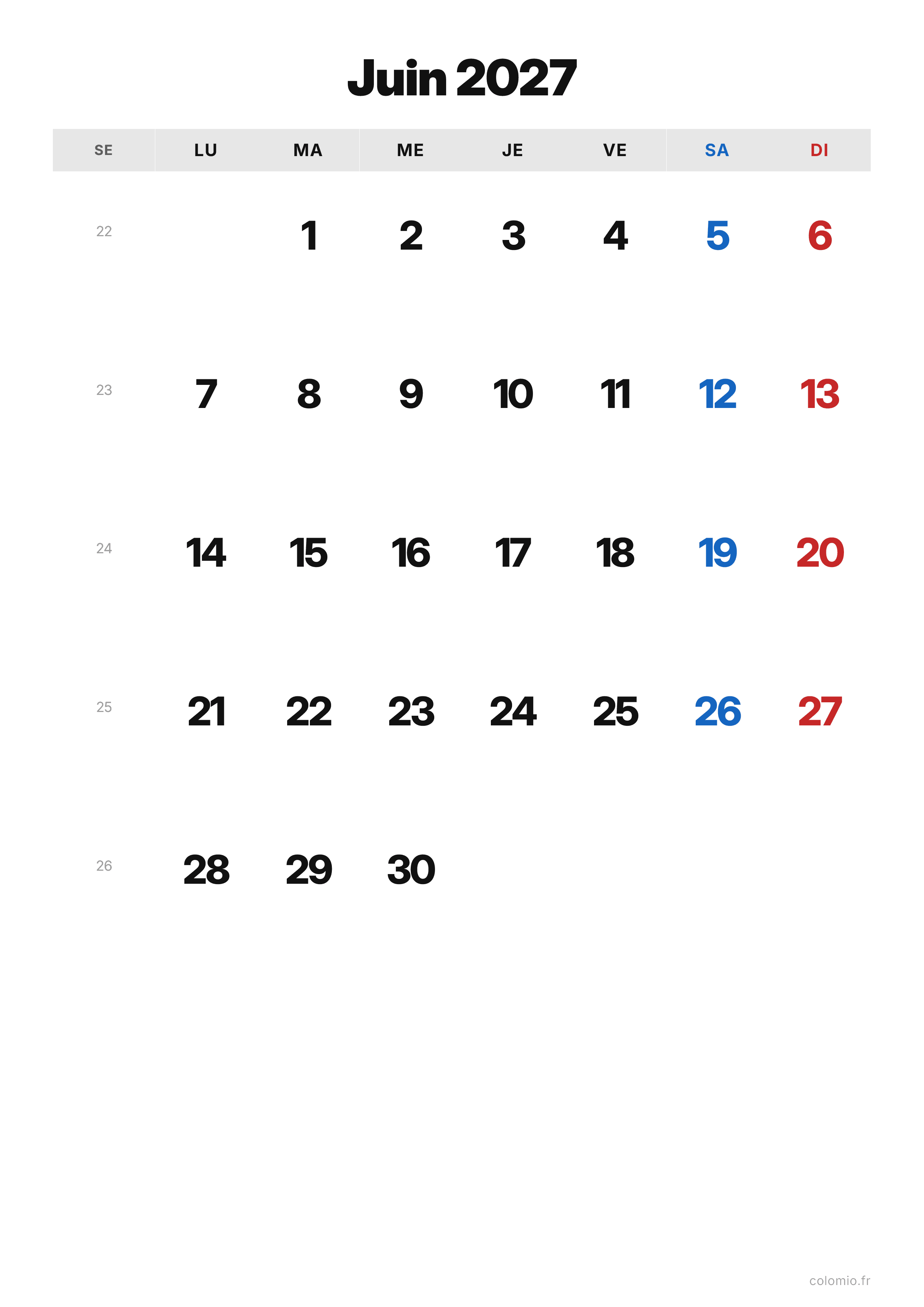 Calendrier Juin 2027 classique · portrait, PDF à imprimer