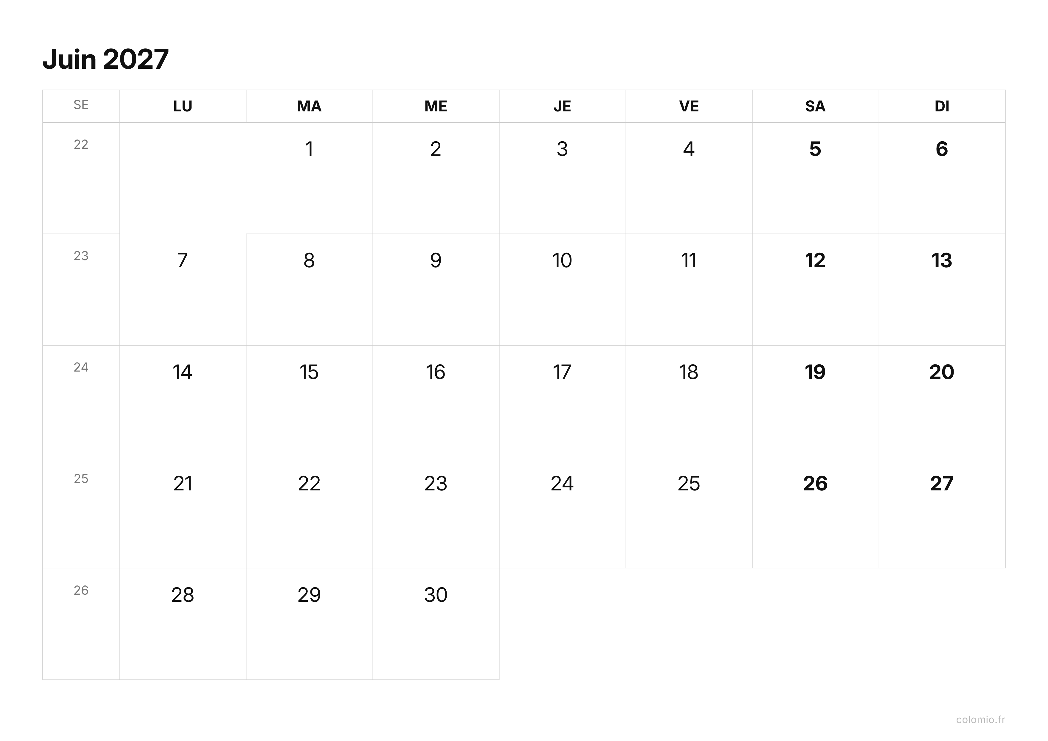 Calendrier Juin 2027 épuré · paysage, PDF à imprimer