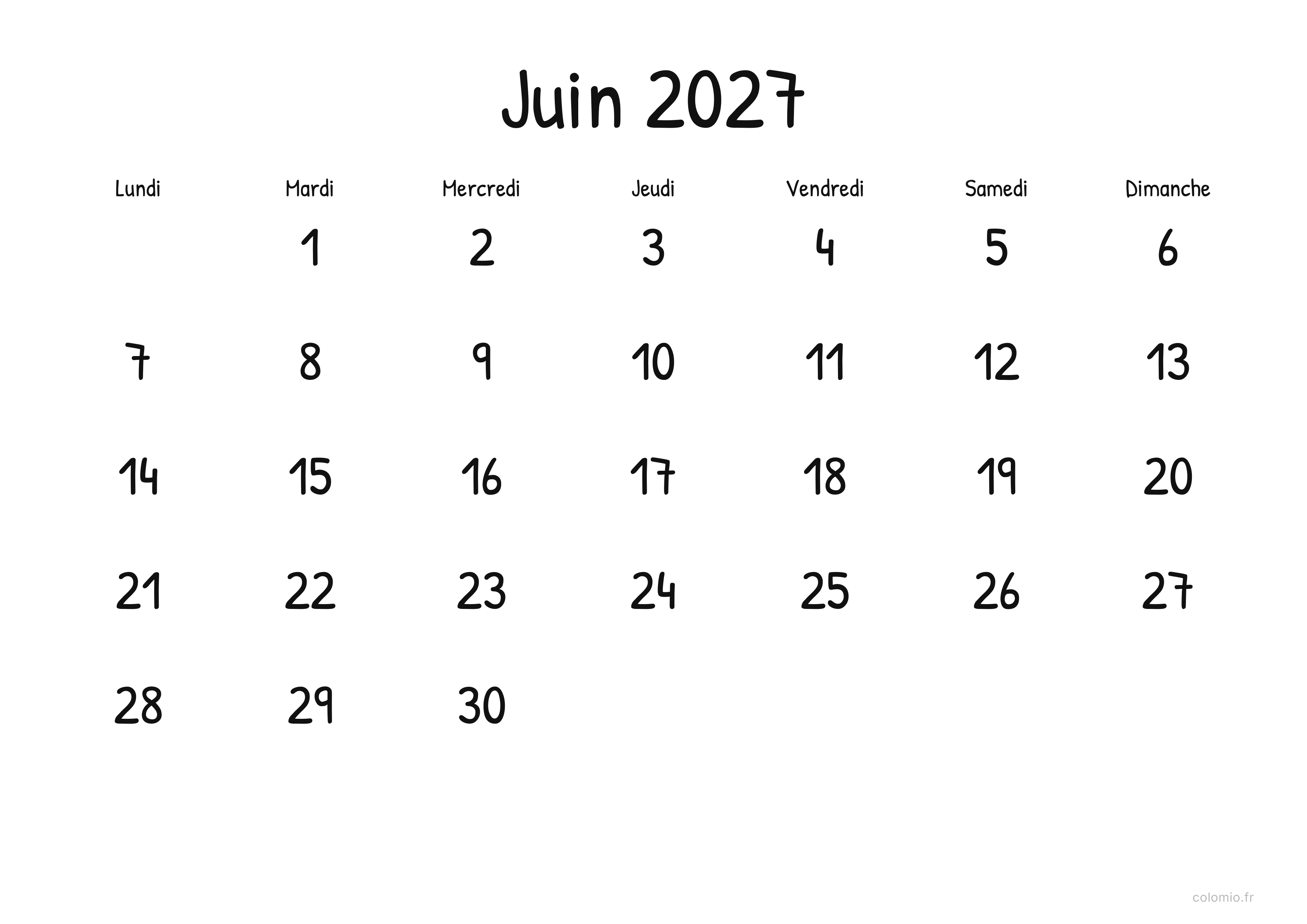 Calendrier Juin 2027 display · paysage, PDF à imprimer