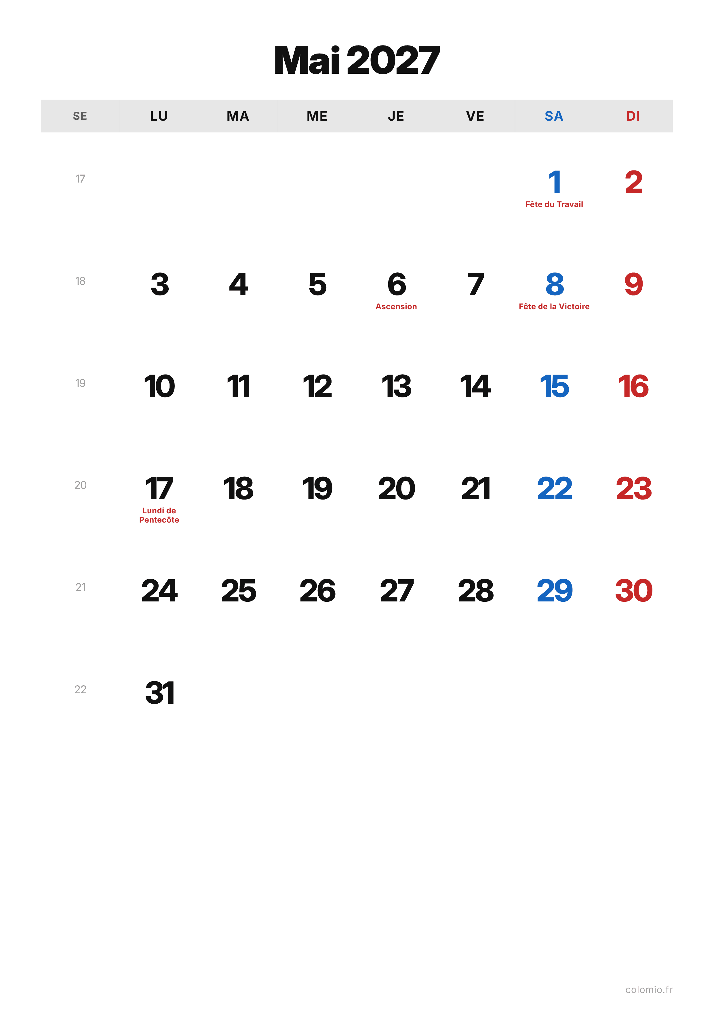 Calendrier Mai 2027 classique · portrait, PDF à imprimer