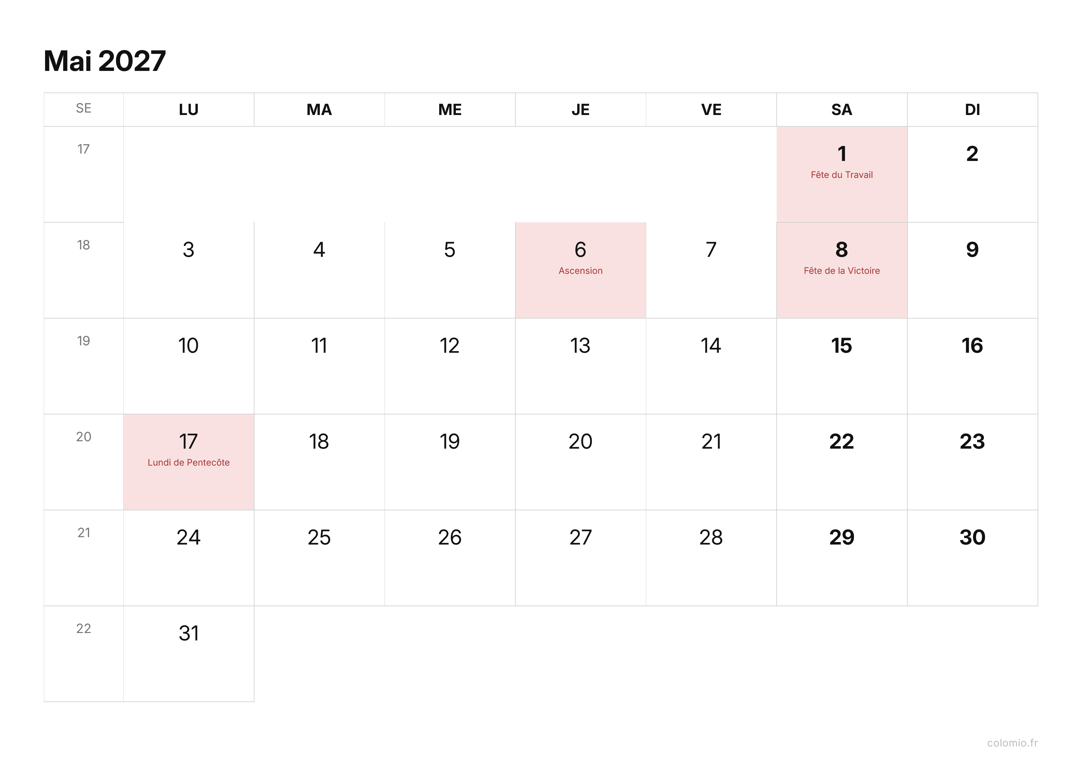 Calendrier Mai 2027 épuré · paysage, PDF à imprimer