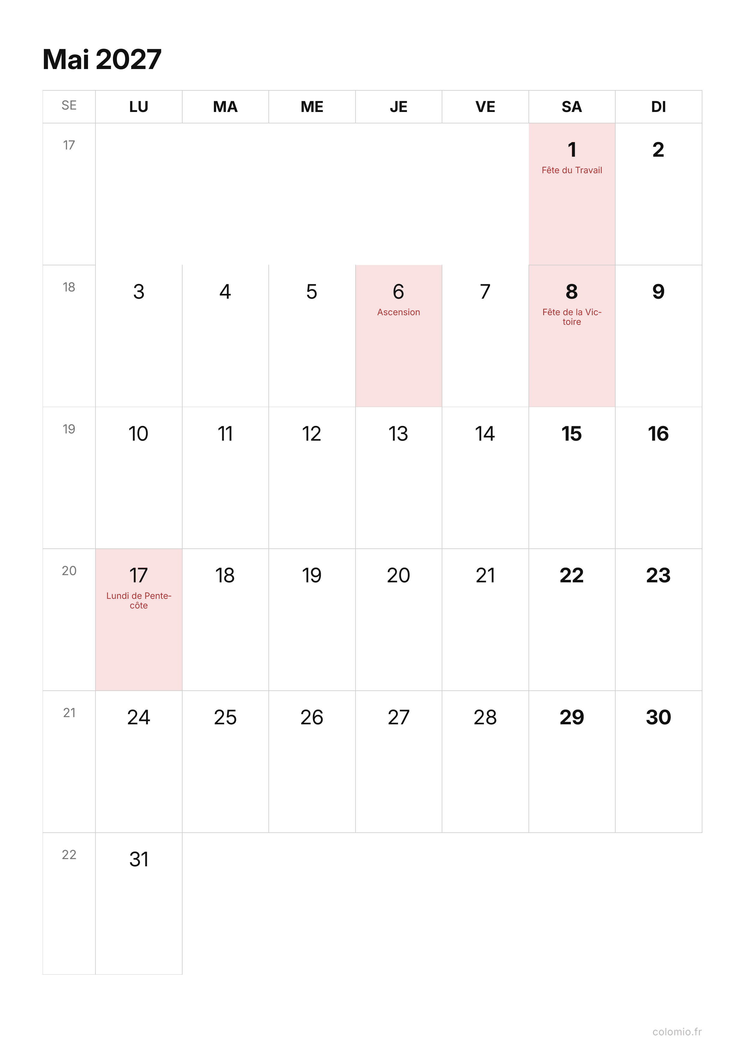 Calendrier Mai 2027 épuré · portrait, PDF à imprimer