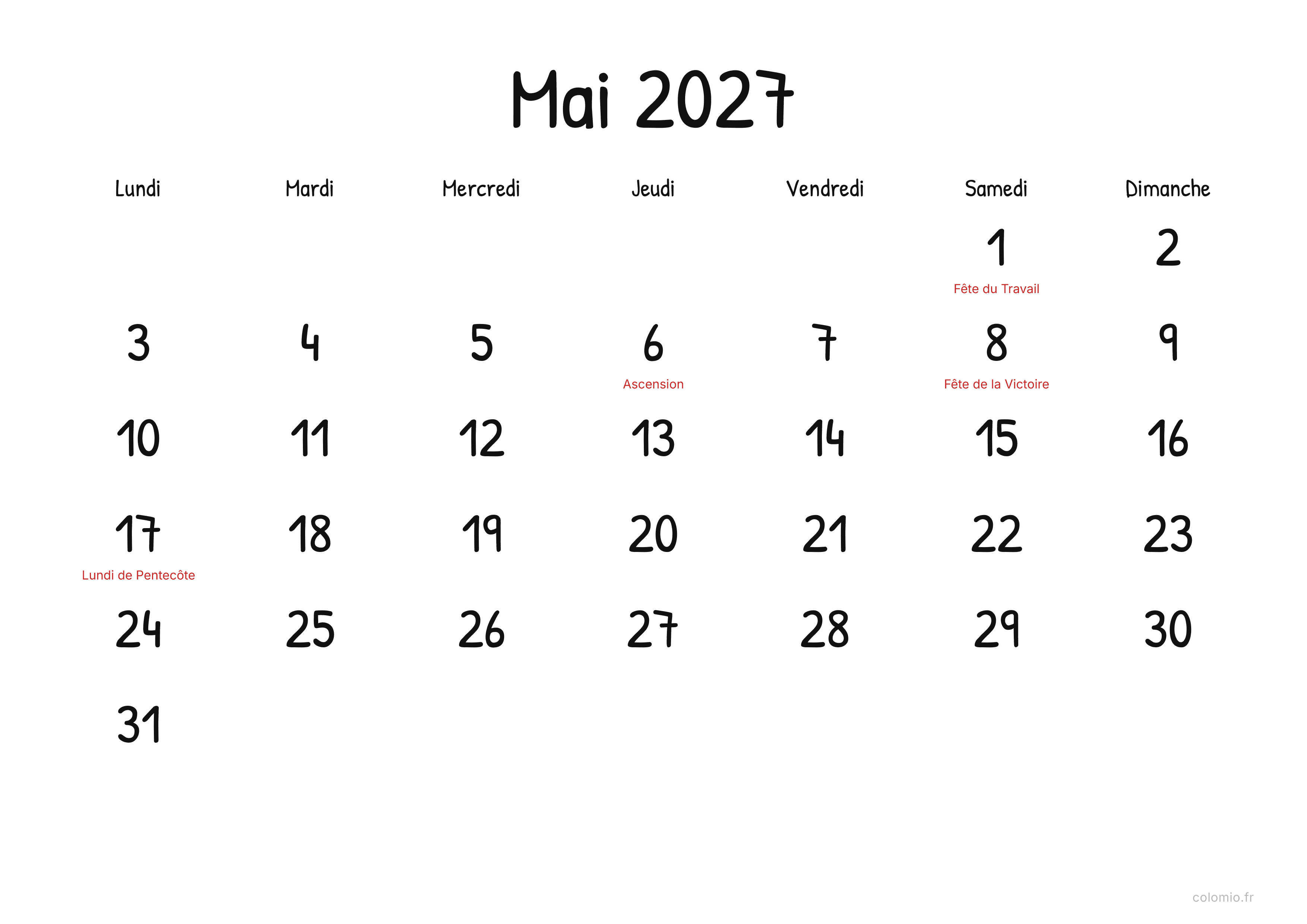 Calendrier Mai 2027 display · paysage, PDF à imprimer