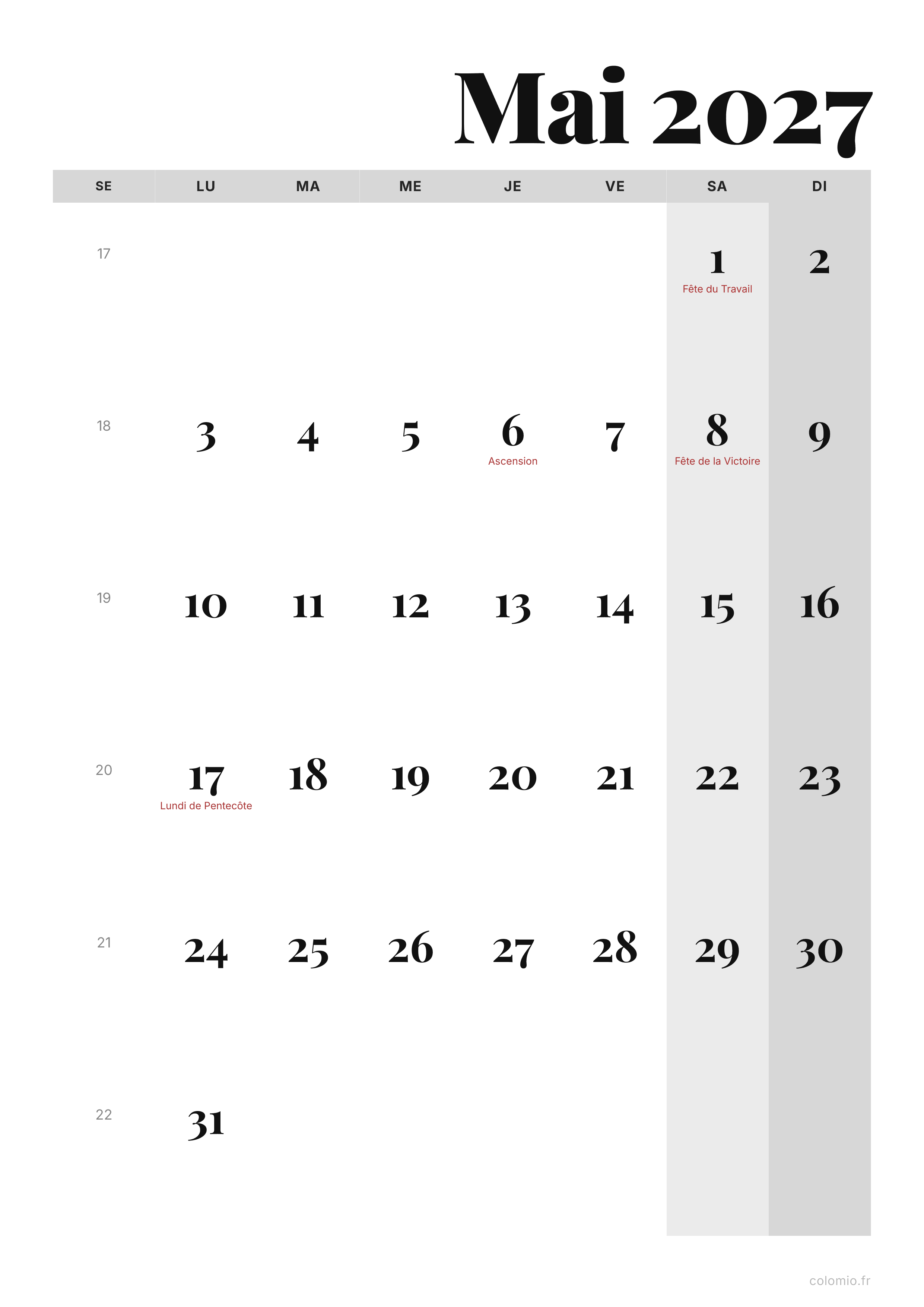 Calendrier Mai 2027 éditorial · portrait, PDF à imprimer