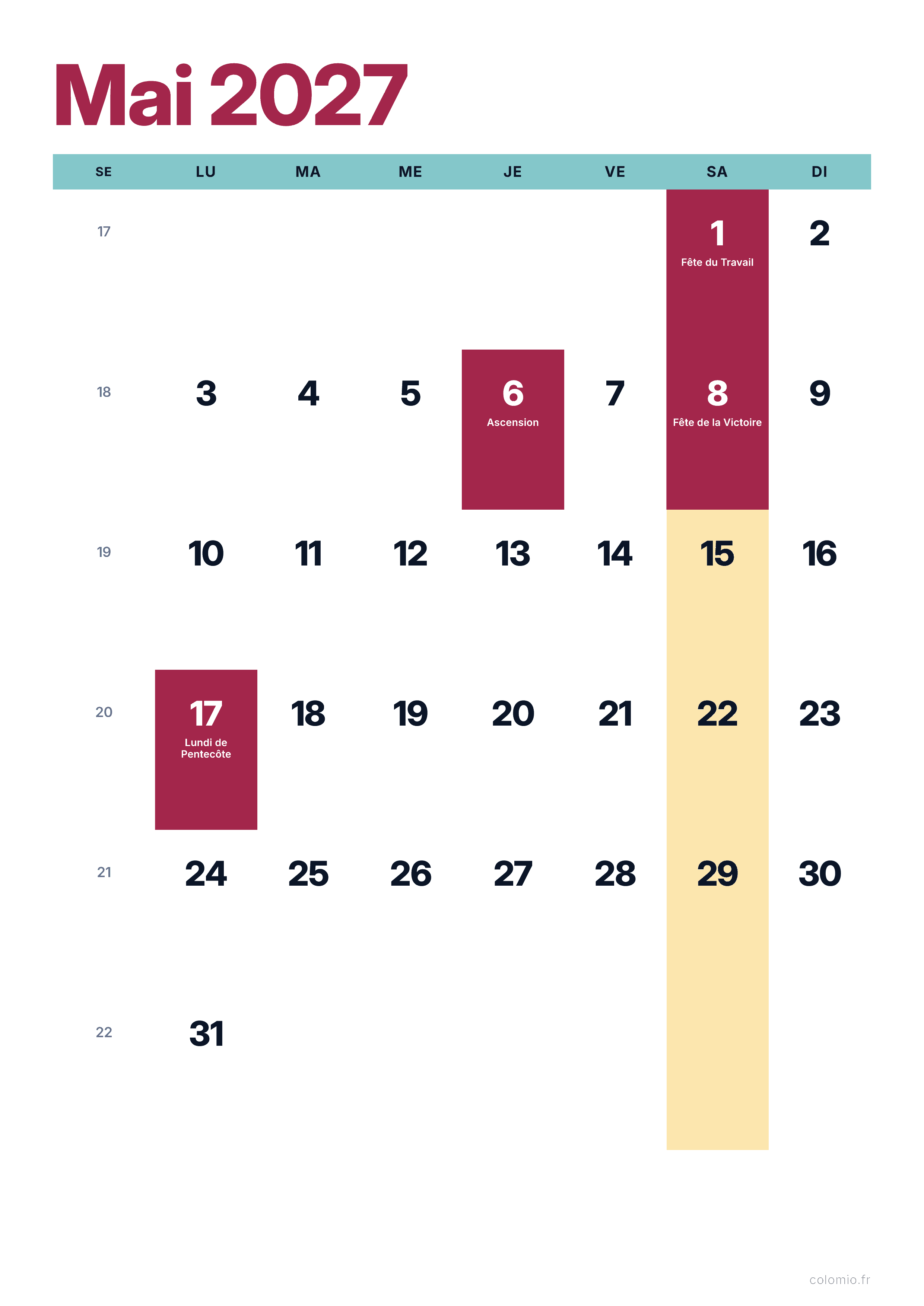 Calendrier Mai 2027 coloré & moderne · portrait, PDF à imprimer