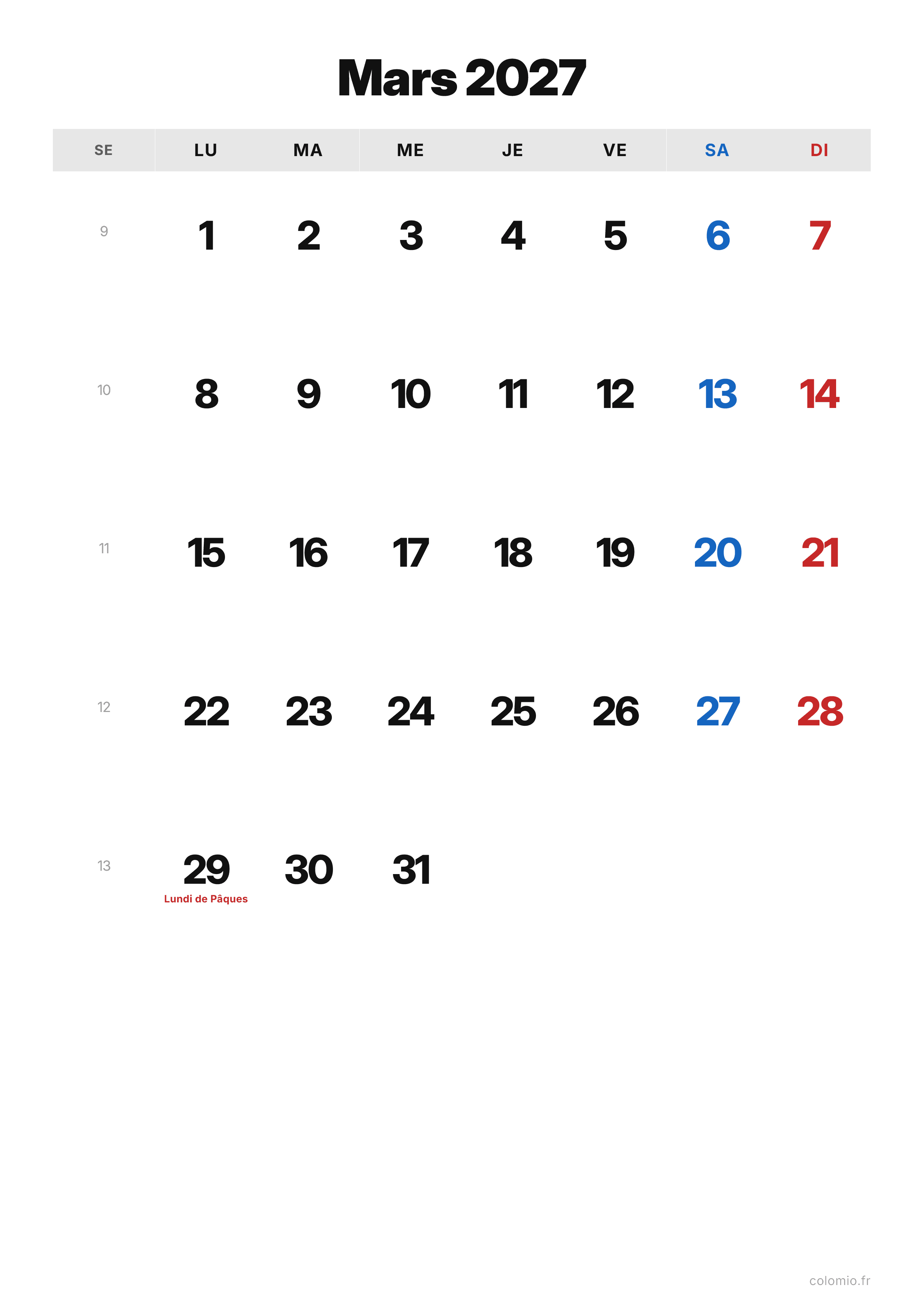 Calendrier Mars 2027 classique · portrait, PDF à imprimer