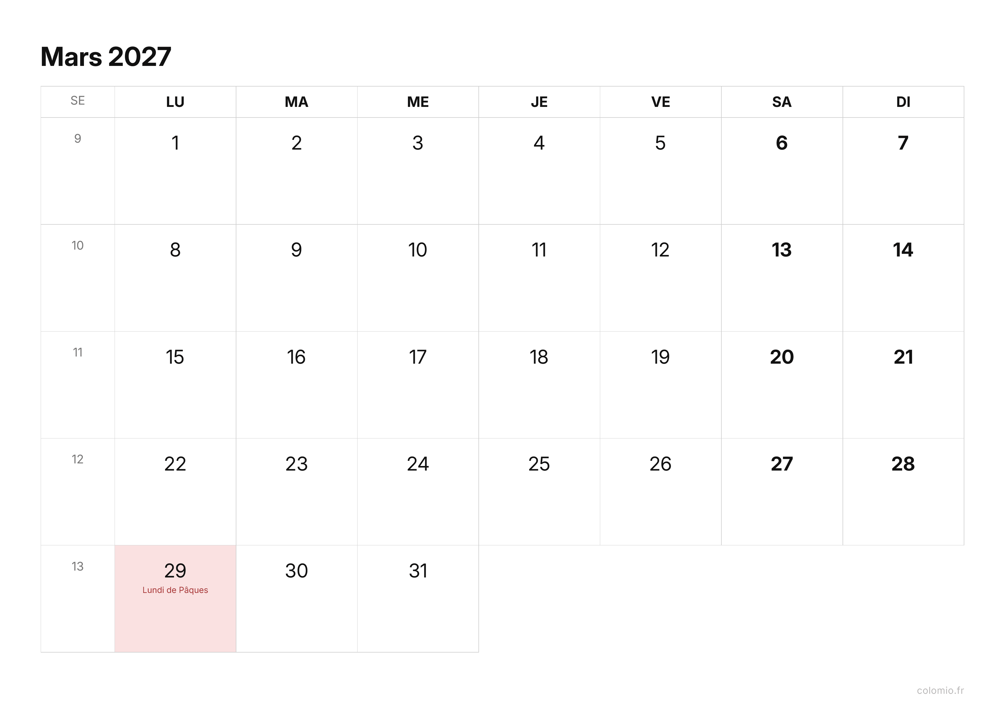Calendrier Mars 2027 épuré · paysage, PDF à imprimer